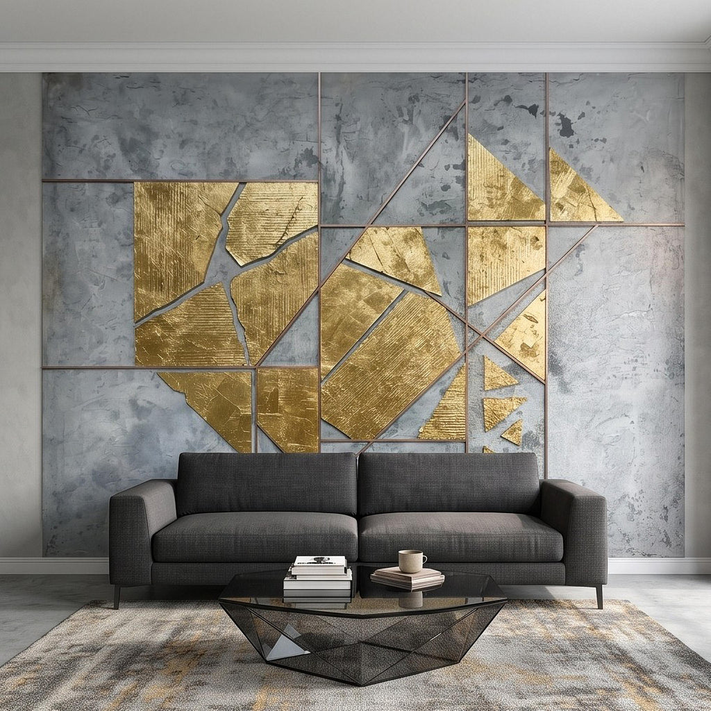 Abstract Geometric Peel and Stick Wall Mural, Gold Shapes Gray Concrete Texture Modern Industrial Lines Luxury Contemporary Art Wallpaper