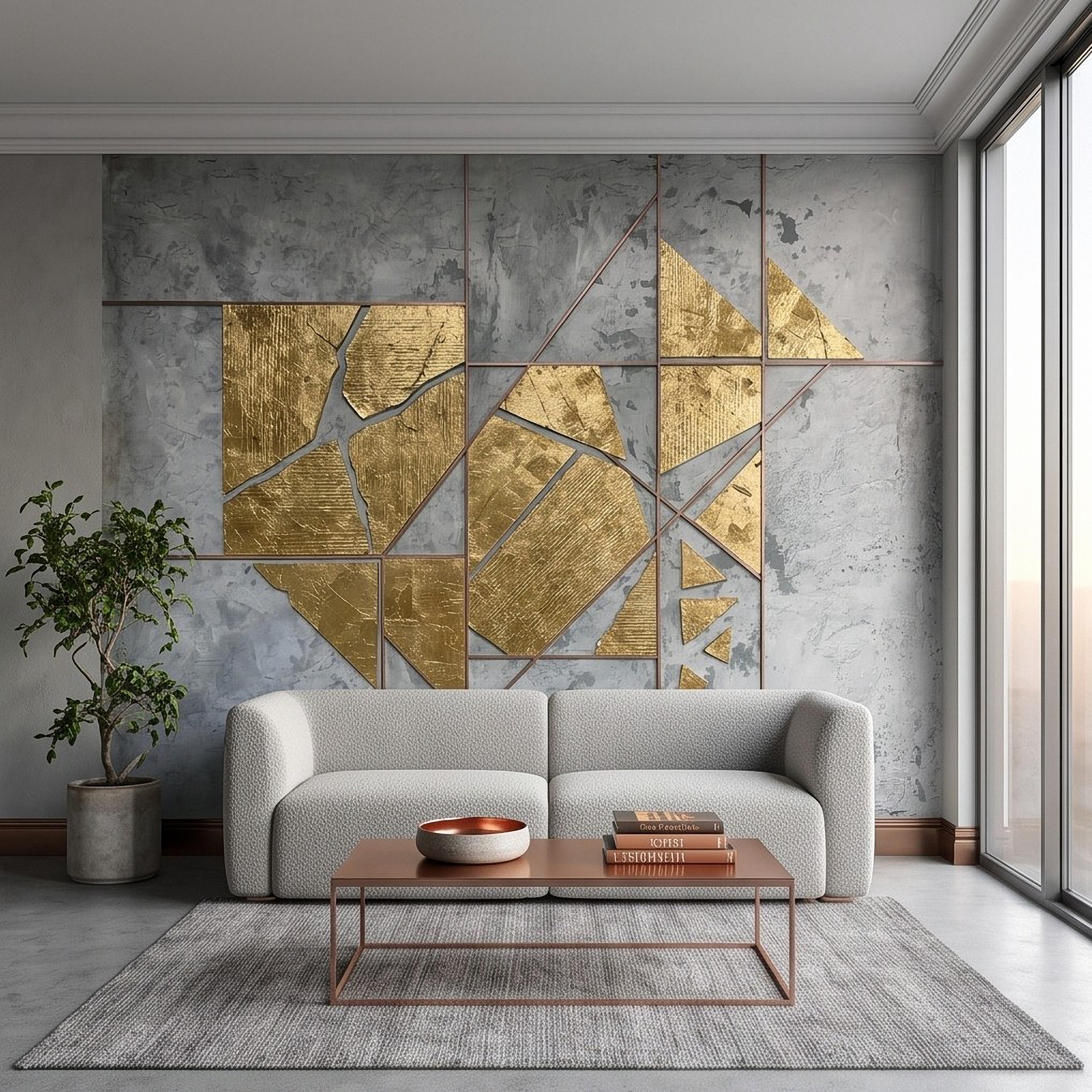 Abstract Geometric Peel and Stick Wall Mural, Gold Shapes Gray Concrete Texture Modern Industrial Lines Luxury Contemporary Art Wallpaper