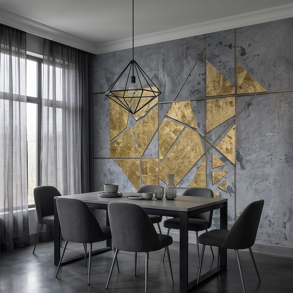 Abstract Geometric Peel and Stick Wall Mural, Gold Shapes Gray Concrete Texture Modern Industrial Lines Luxury Contemporary Art Wallpaper