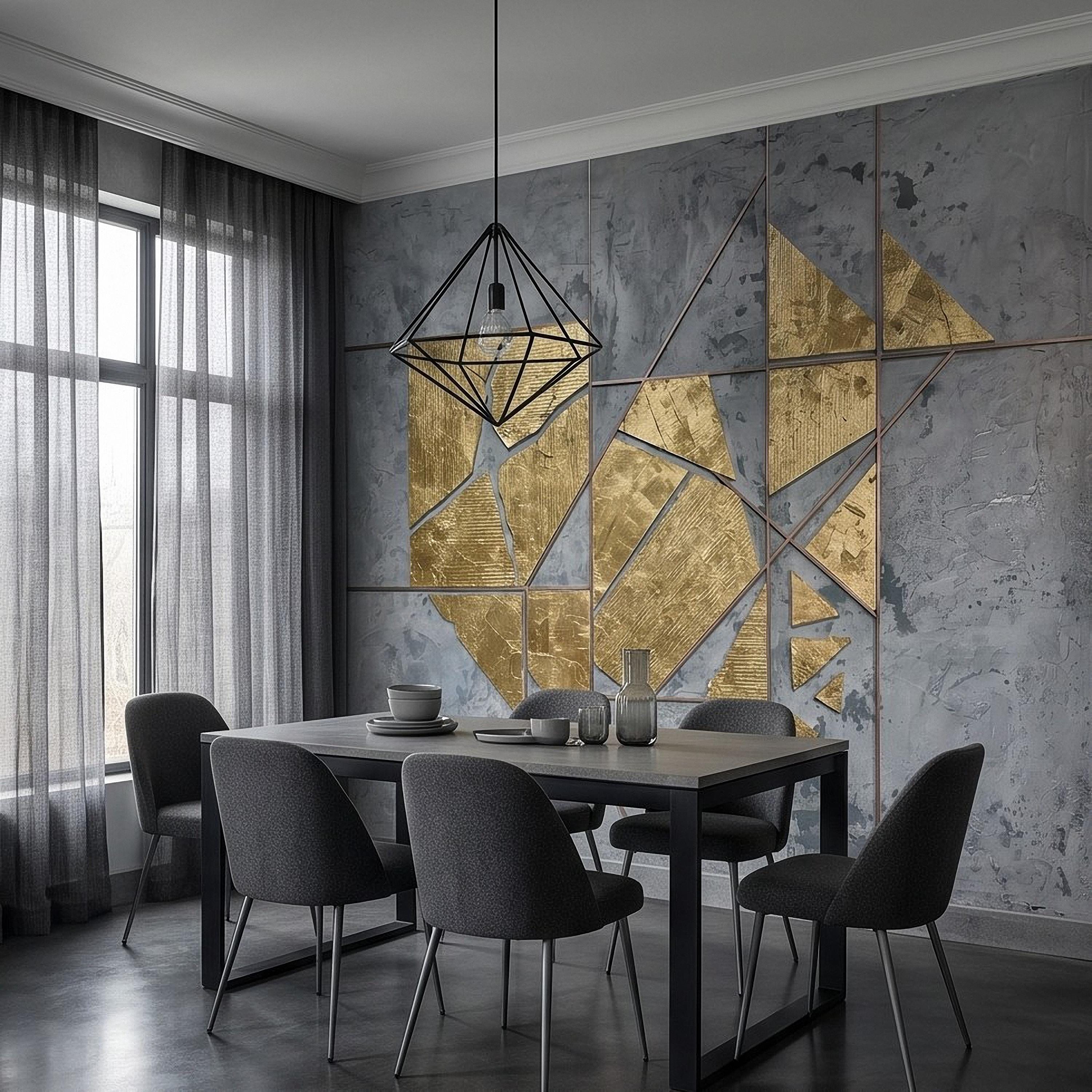 Abstract Geometric Peel and Stick Wall Mural, Gold Shapes Gray Concrete Texture Modern Industrial Lines Luxury Contemporary Art Wallpaper