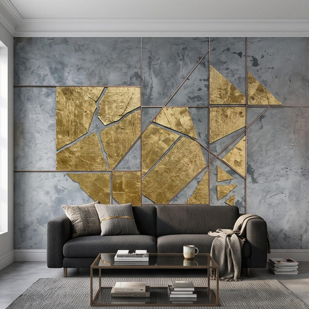 Abstract Geometric Peel and Stick Wall Mural, Gold Shapes Gray Concrete Texture Modern Industrial Lines Luxury Contemporary Art Wallpaper