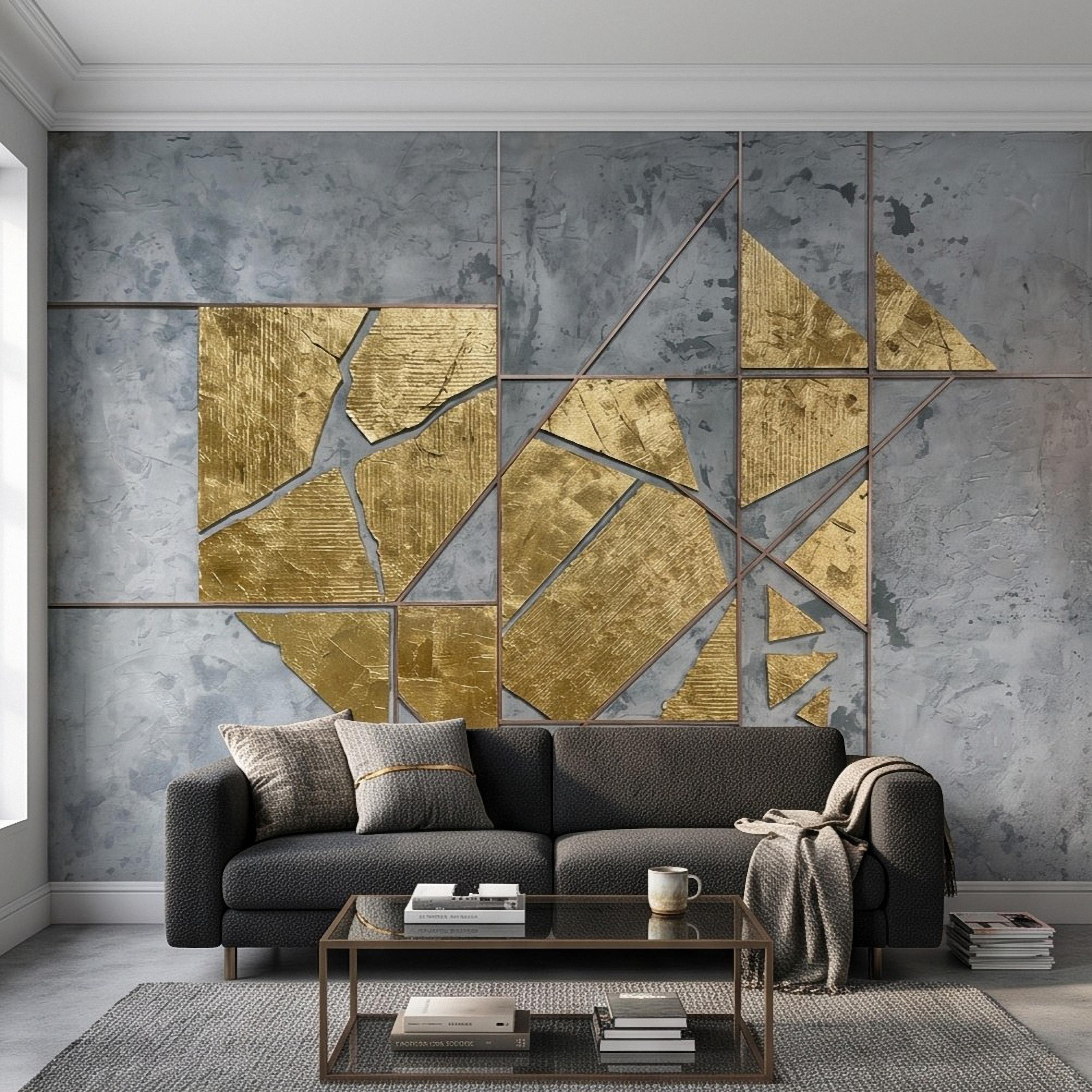 Abstract Geometric Peel and Stick Wall Mural, Gold Shapes Gray Concrete Texture Modern Industrial Lines Luxury Contemporary Art Wallpaper