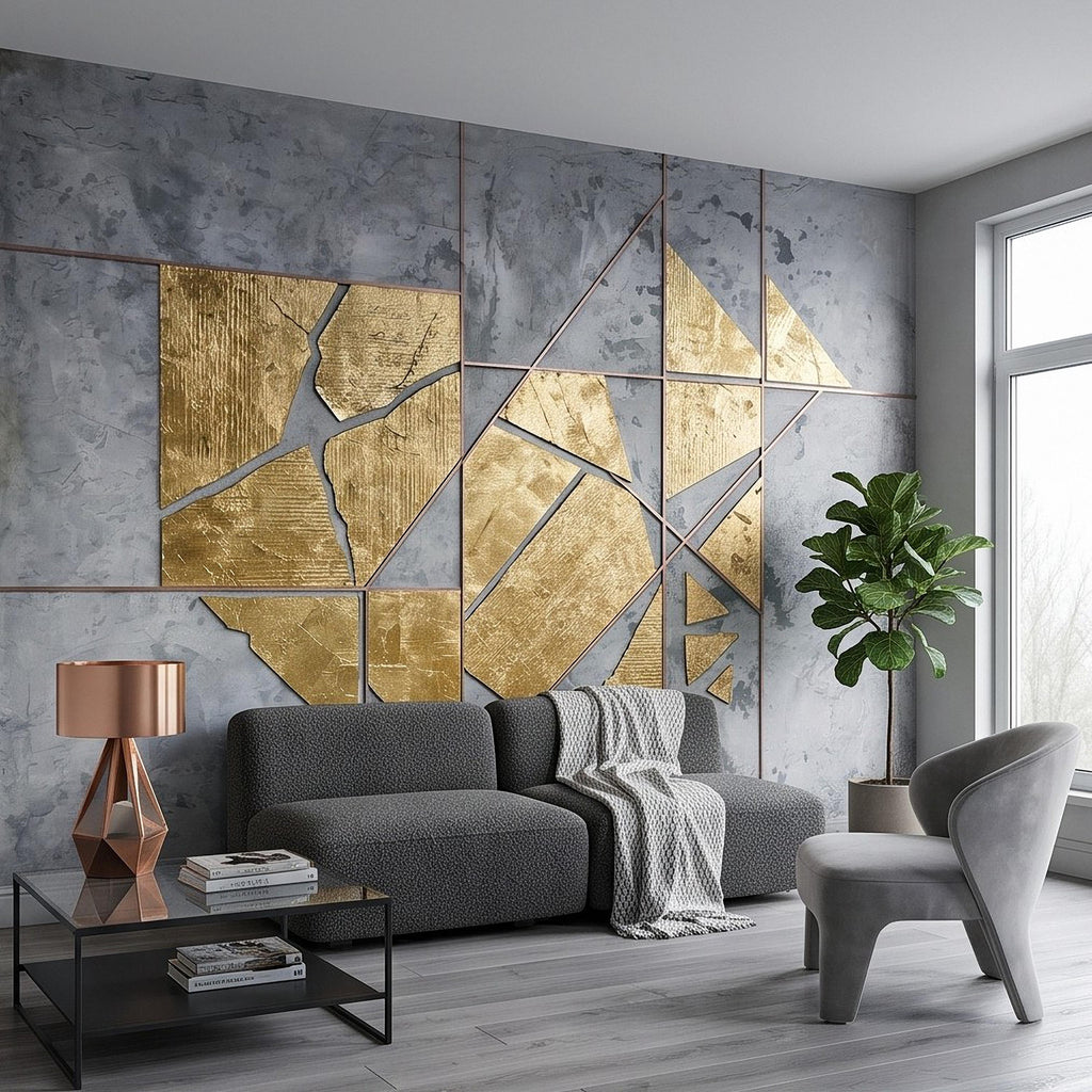 Abstract Geometric Peel and Stick Wall Mural, Gold Shapes Gray Concrete Texture Modern Industrial Lines Luxury Contemporary Art Wallpaper