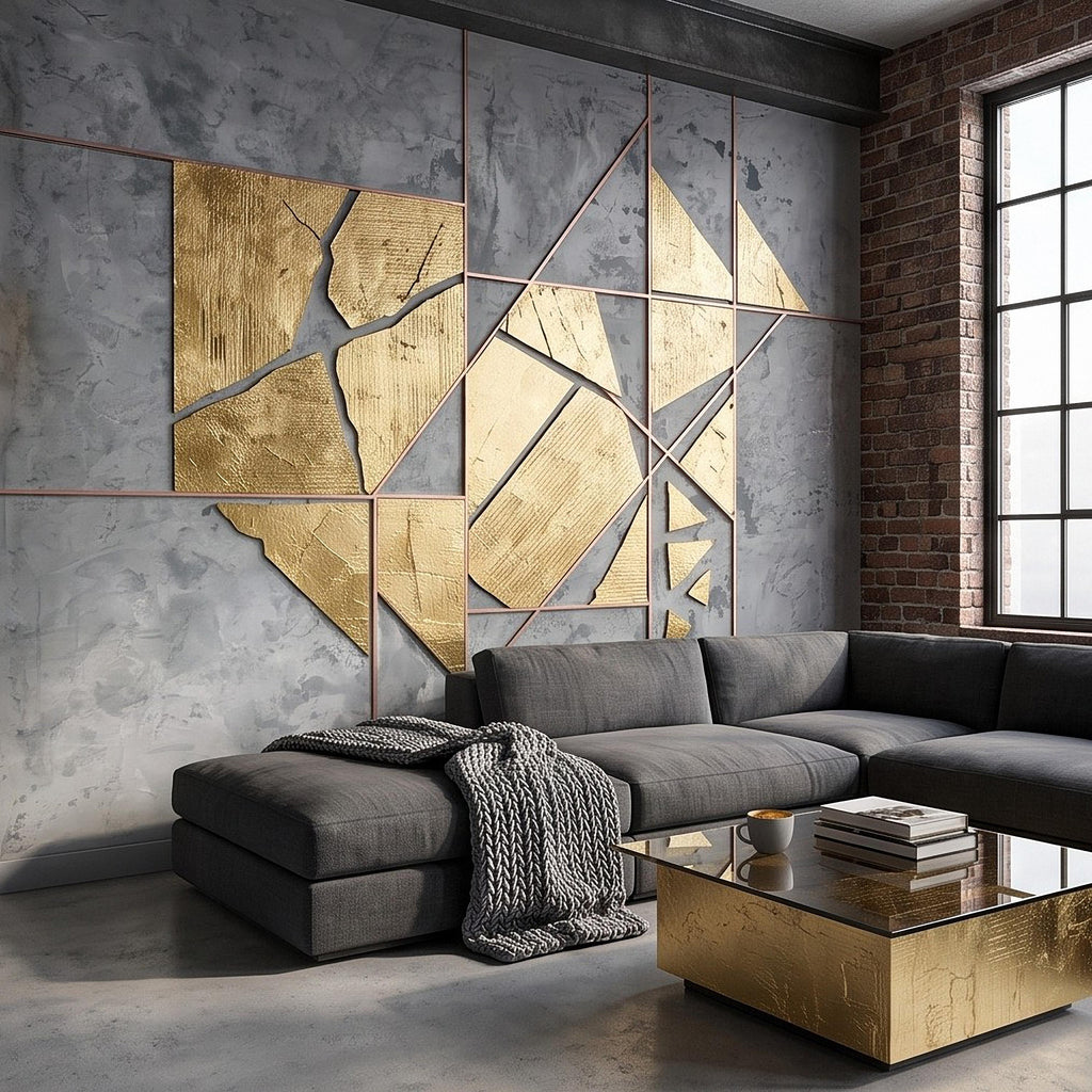 Abstract Geometric Peel and Stick Wall Mural, Gold Shapes Gray Concrete Texture Modern Industrial Lines Luxury Contemporary Art Wallpaper