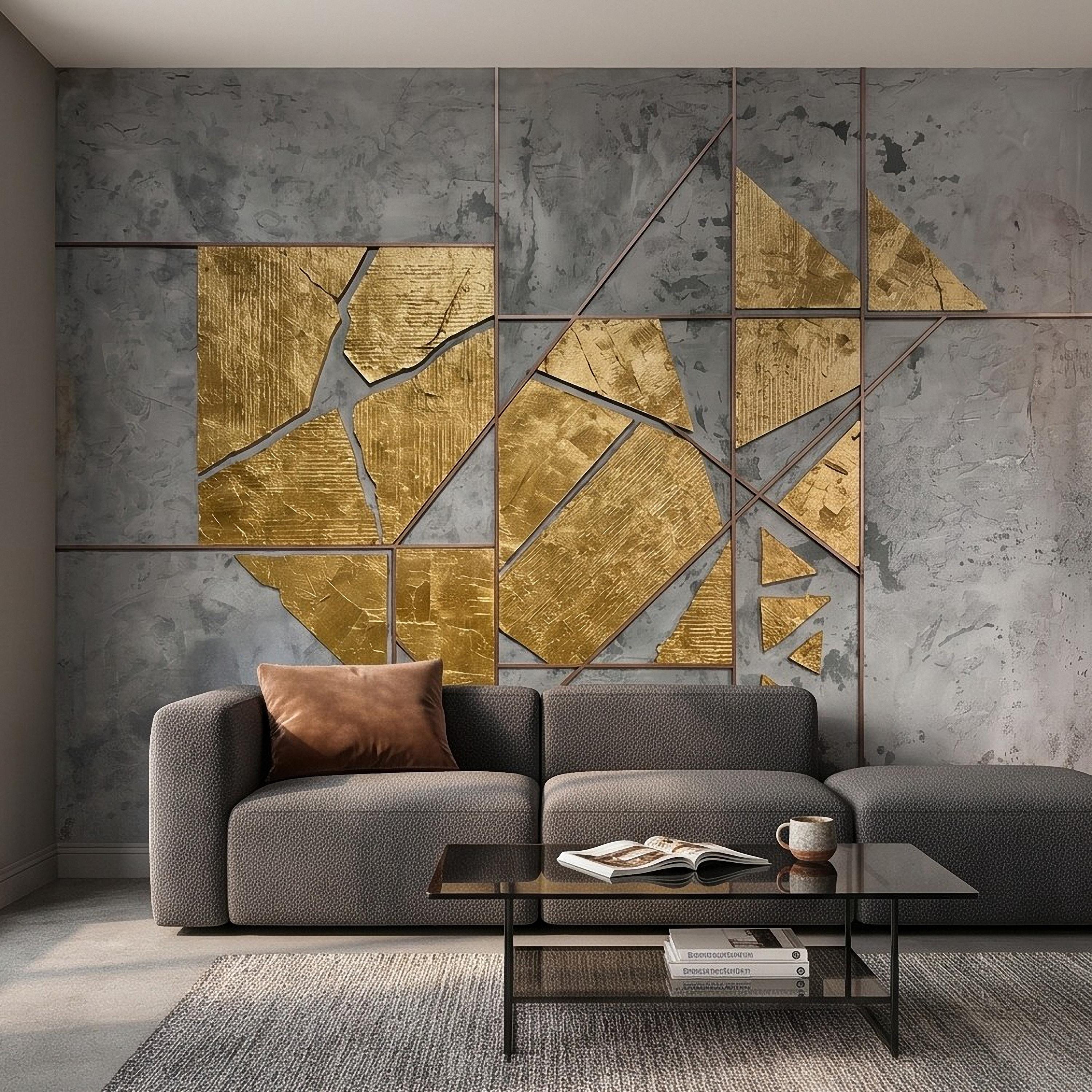 Abstract Geometric Peel and Stick Wall Mural, Gold Shapes Gray Concrete Texture Modern Industrial Lines Luxury Contemporary Art Wallpaper
