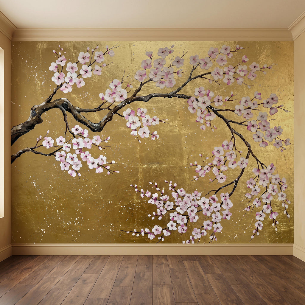 Cherry Blossom Peel and Stick Wall Mural, Pink Sakura Branches Gold Background Japanese Floral Painting Elegant Asian Luxury Wallpaper