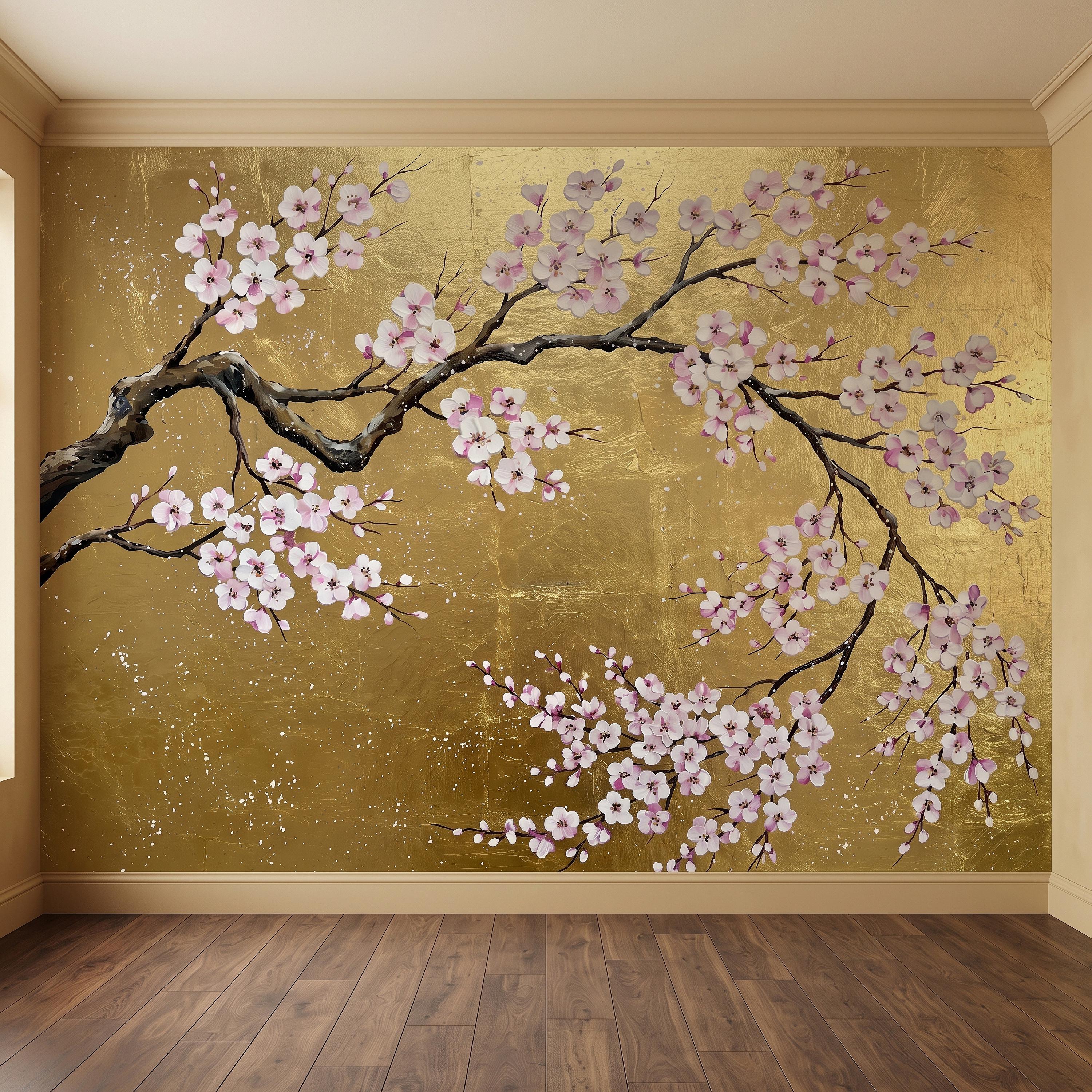Cherry Blossom Peel and Stick Wall Mural, Pink Sakura Branches Gold Background Japanese Floral Painting Elegant Asian Luxury Wallpaper
