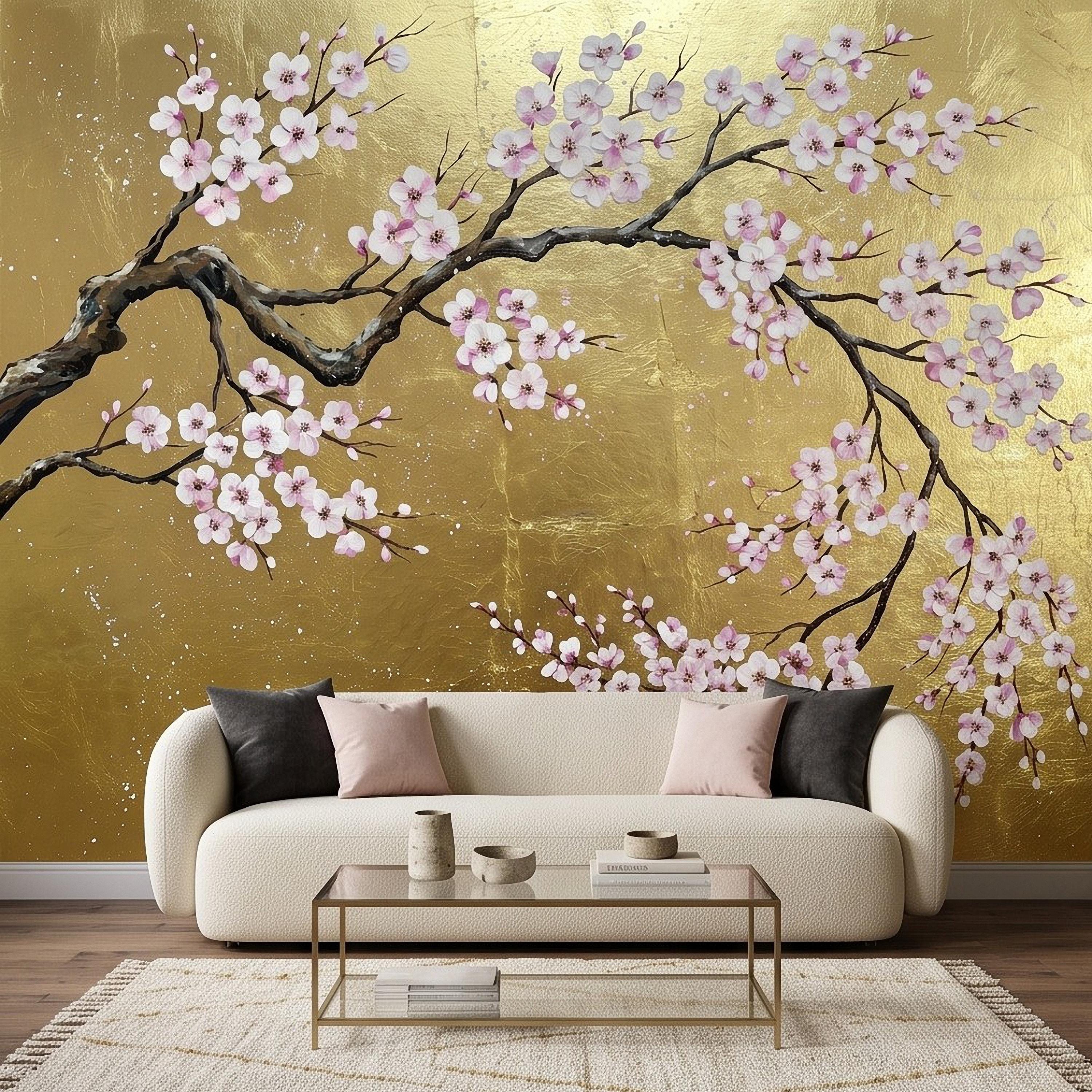 Cherry Blossom Peel and Stick Wall Mural, Pink Sakura Branches Gold Background Japanese Floral Painting Elegant Asian Luxury Wallpaper