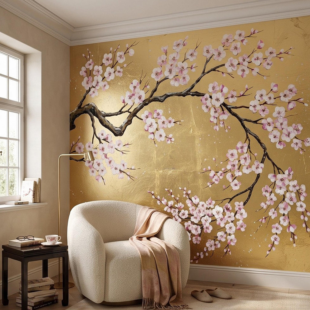 Cherry Blossom Peel and Stick Wall Mural, Pink Sakura Branches Gold Background Japanese Floral Painting Elegant Asian Luxury Wallpaper