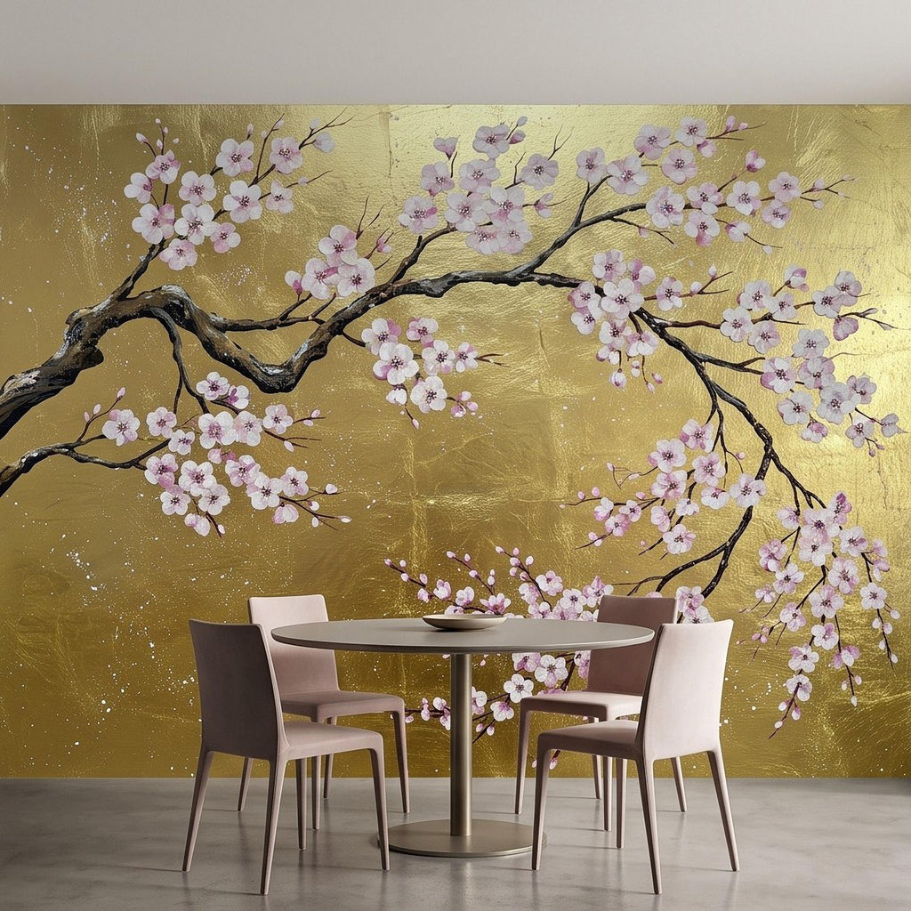 Cherry Blossom Peel and Stick Wall Mural, Pink Sakura Branches Gold Background Japanese Floral Painting Elegant Asian Luxury Wallpaper