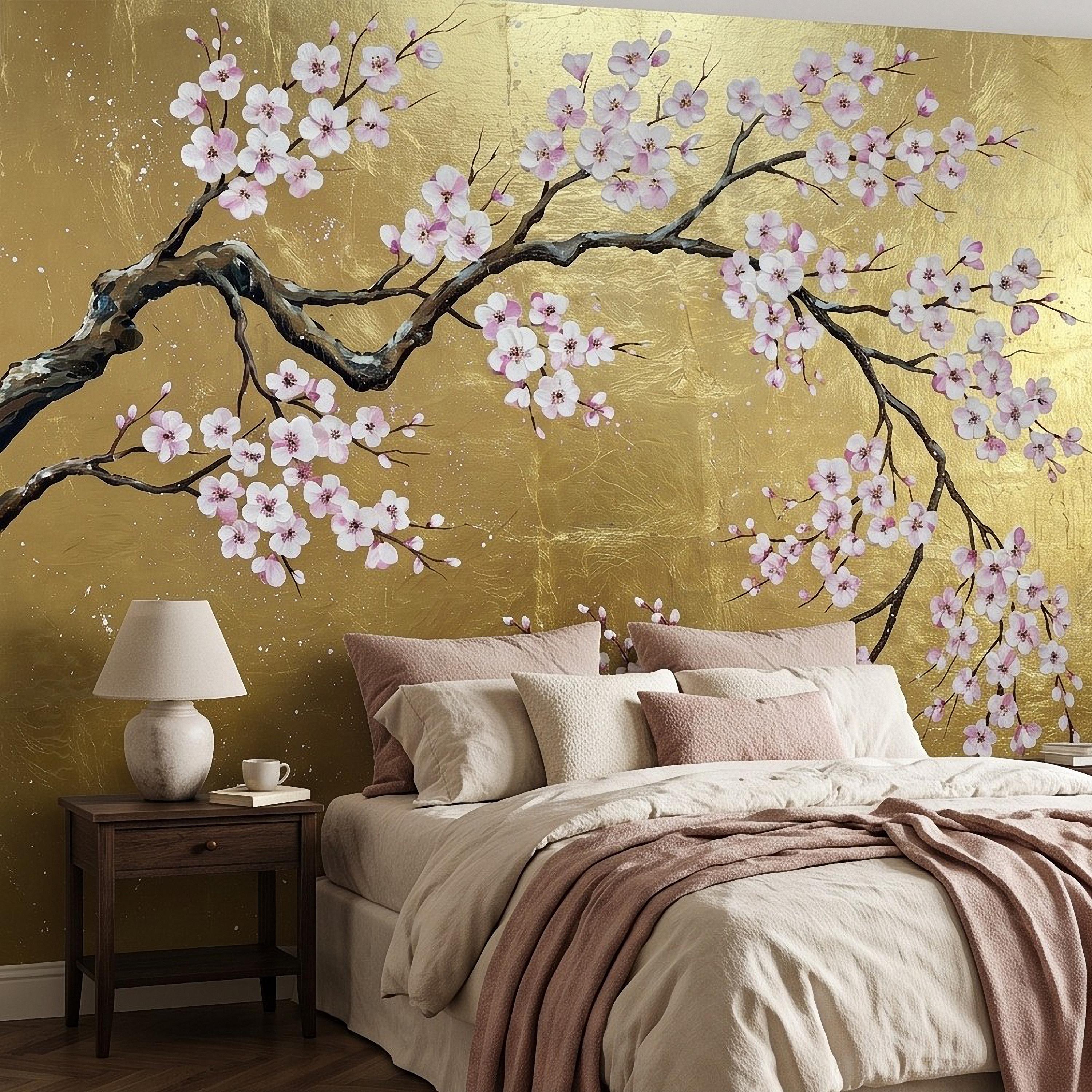 Cherry Blossom Peel and Stick Wall Mural, Pink Sakura Branches Gold Background Japanese Floral Painting Elegant Asian Luxury Wallpaper