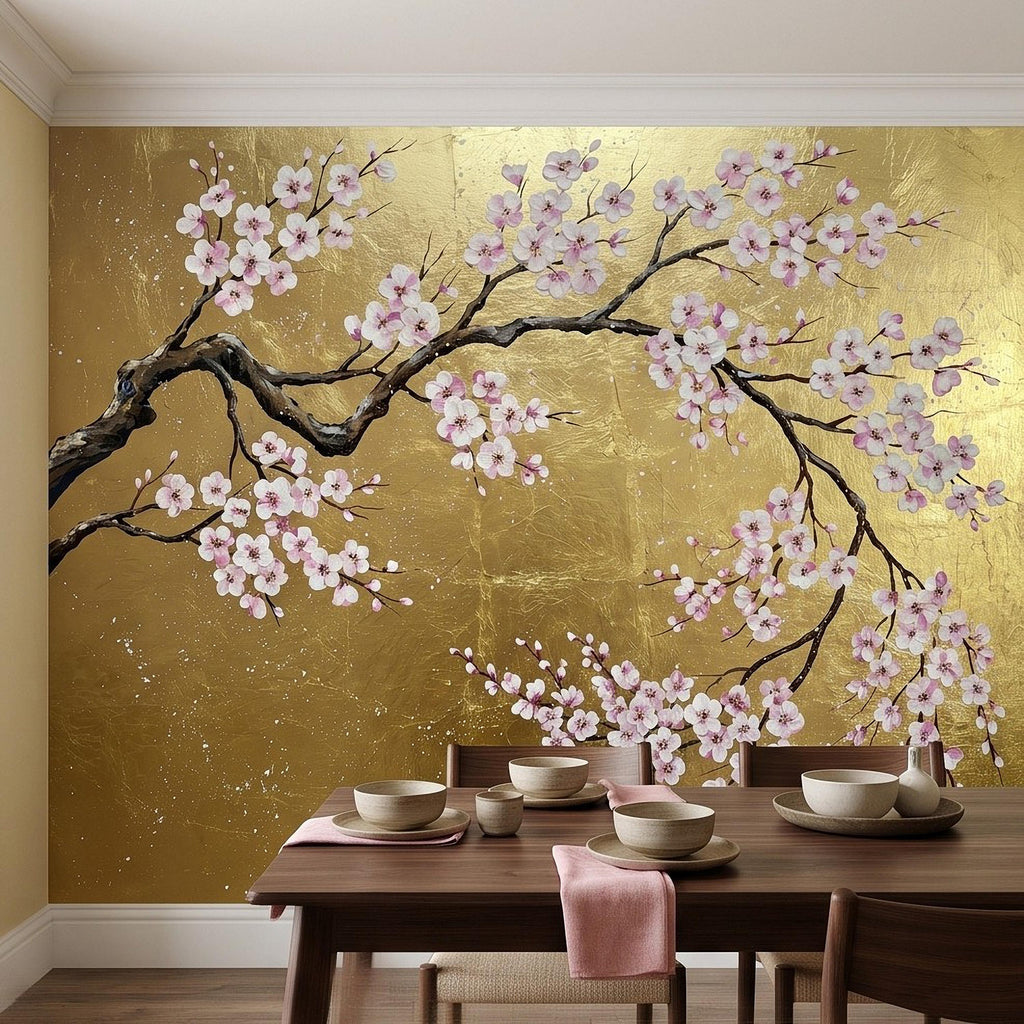 Cherry Blossom Peel and Stick Wall Mural, Pink Sakura Branches Gold Background Japanese Floral Painting Elegant Asian Luxury Wallpaper