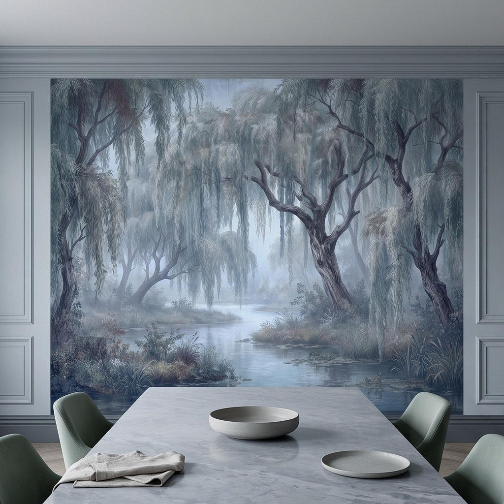 Weeping Willow Peel and Stick Wall Mural, Misty Blue Forest Lake Landscape Vintage Botanical Trees Serene Romantic Scenic Painting Wallpaper