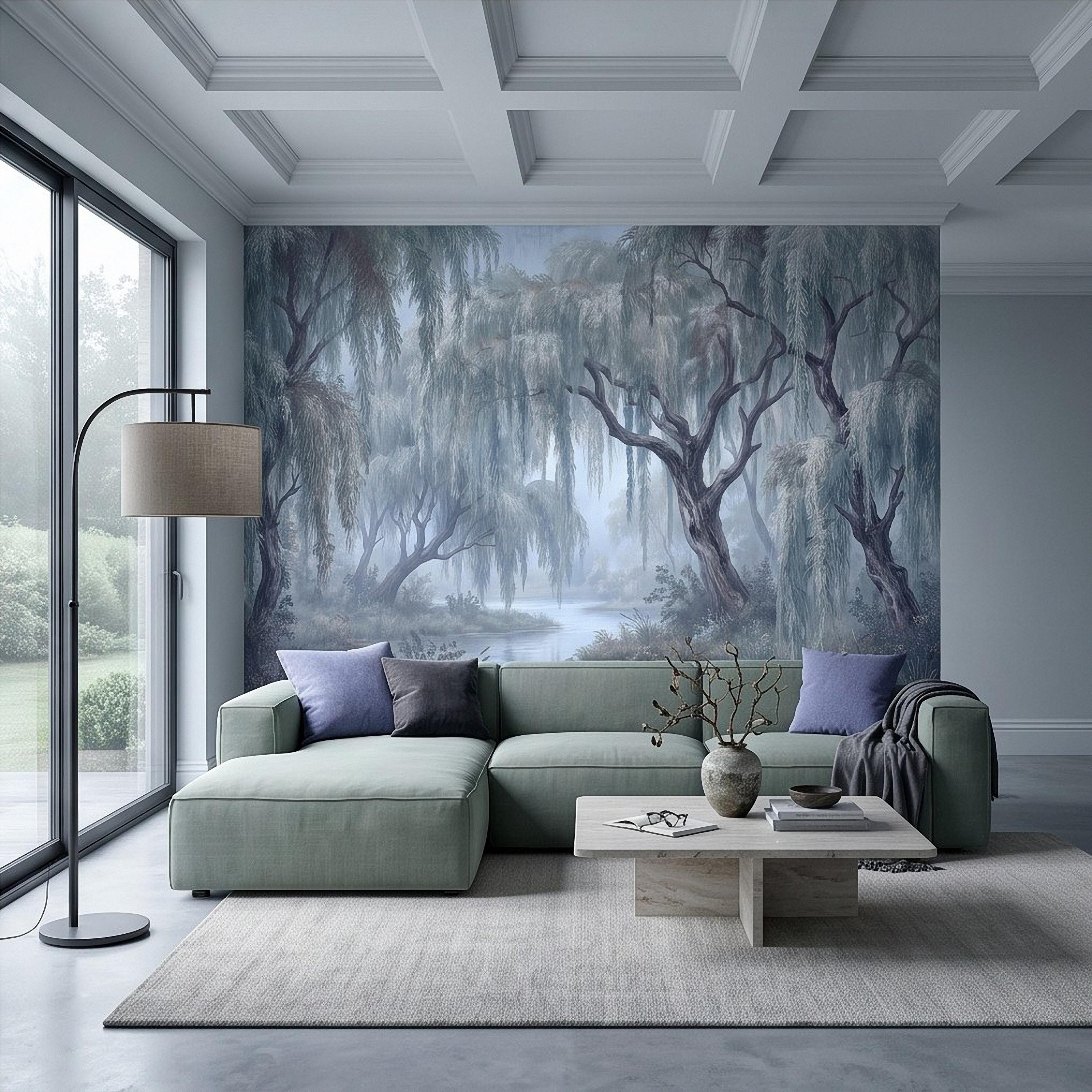 Weeping Willow Peel and Stick Wall Mural, Misty Blue Forest Lake Landscape Vintage Botanical Trees Serene Romantic Scenic Painting Wallpaper