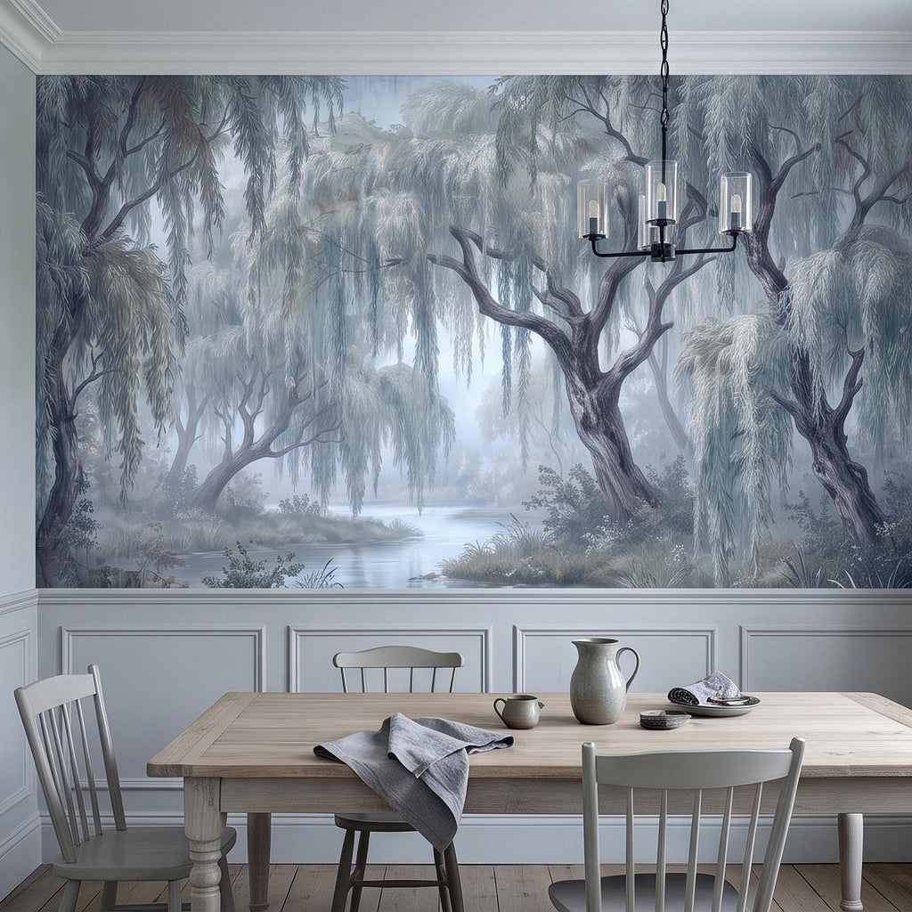 Weeping Willow Peel and Stick Wall Mural, Misty Blue Forest Lake Landscape Vintage Botanical Trees Serene Romantic Scenic Painting Wallpaper