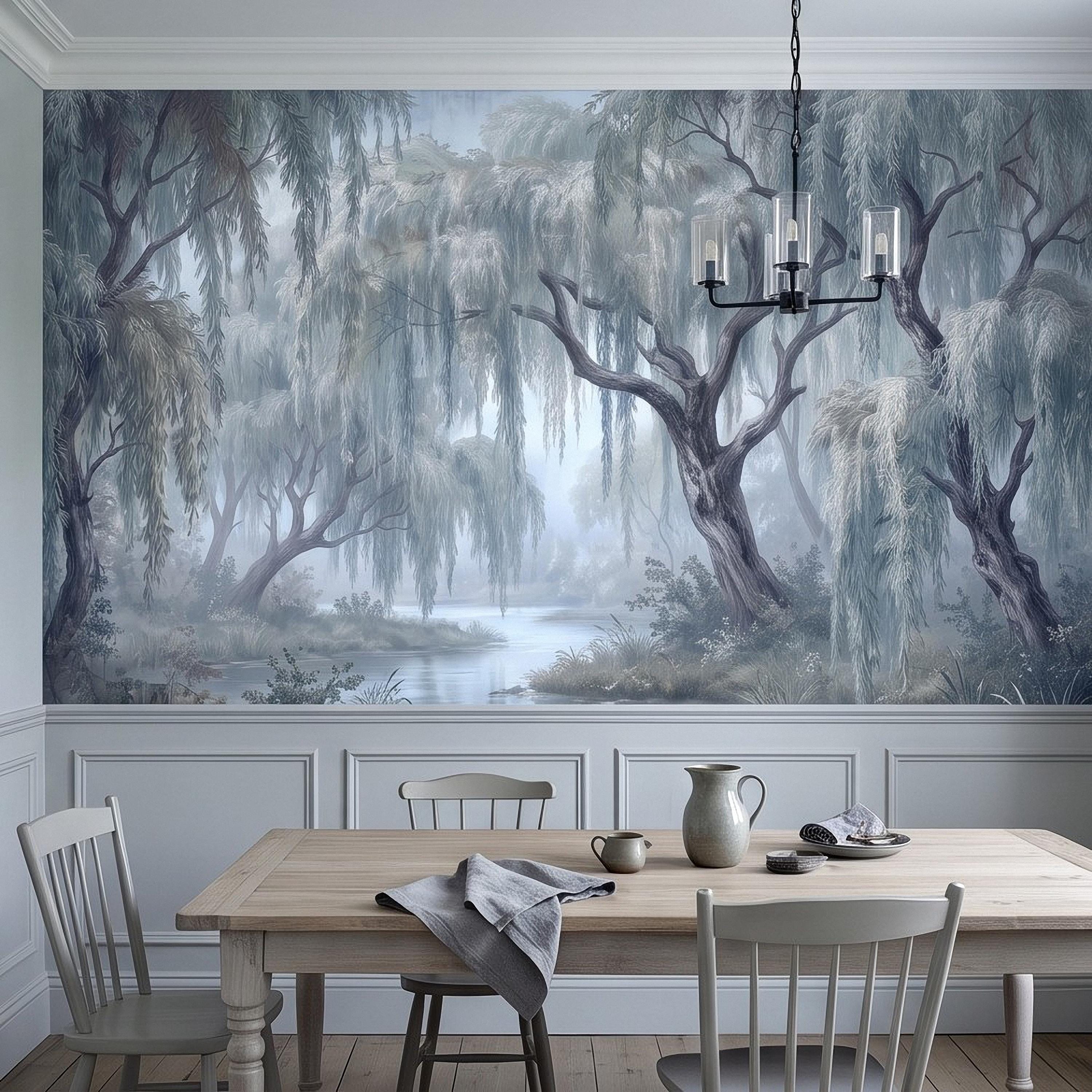 Weeping Willow Peel and Stick Wall Mural, Misty Blue Forest Lake Landscape Vintage Botanical Trees Serene Romantic Scenic Painting Wallpaper