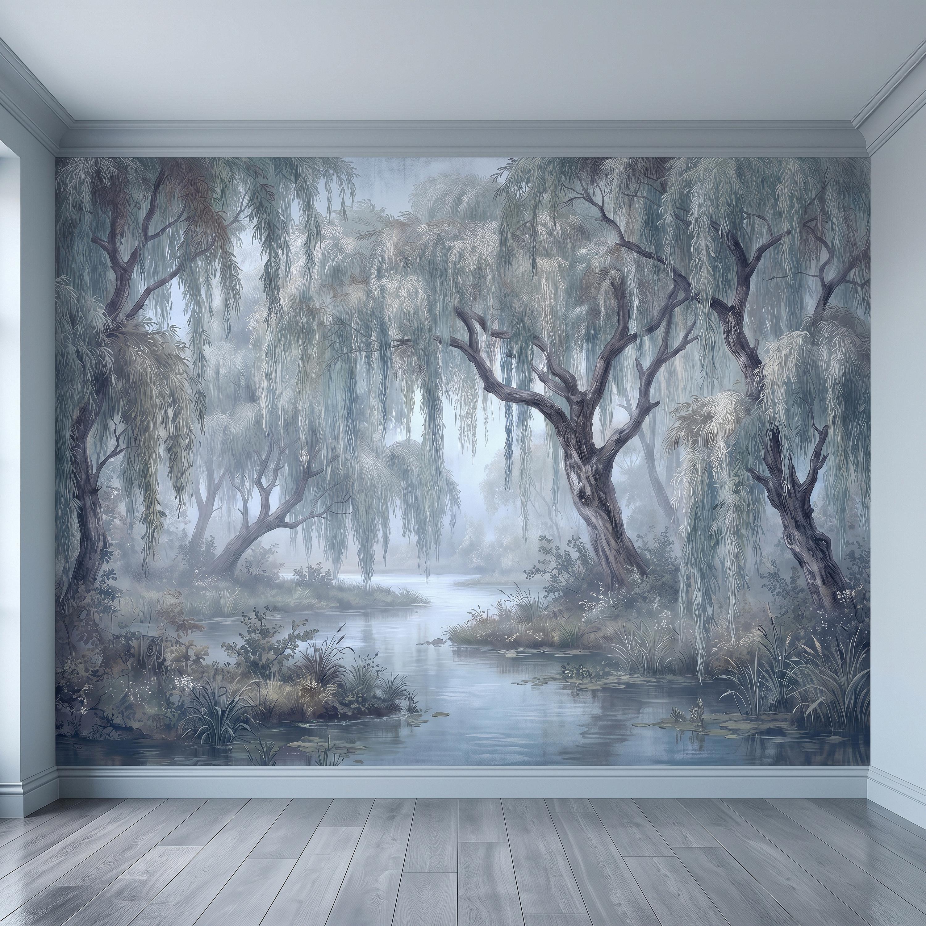 Weeping Willow Peel and Stick Wall Mural, Misty Blue Forest Lake Landscape Vintage Botanical Trees Serene Romantic Scenic Painting Wallpaper