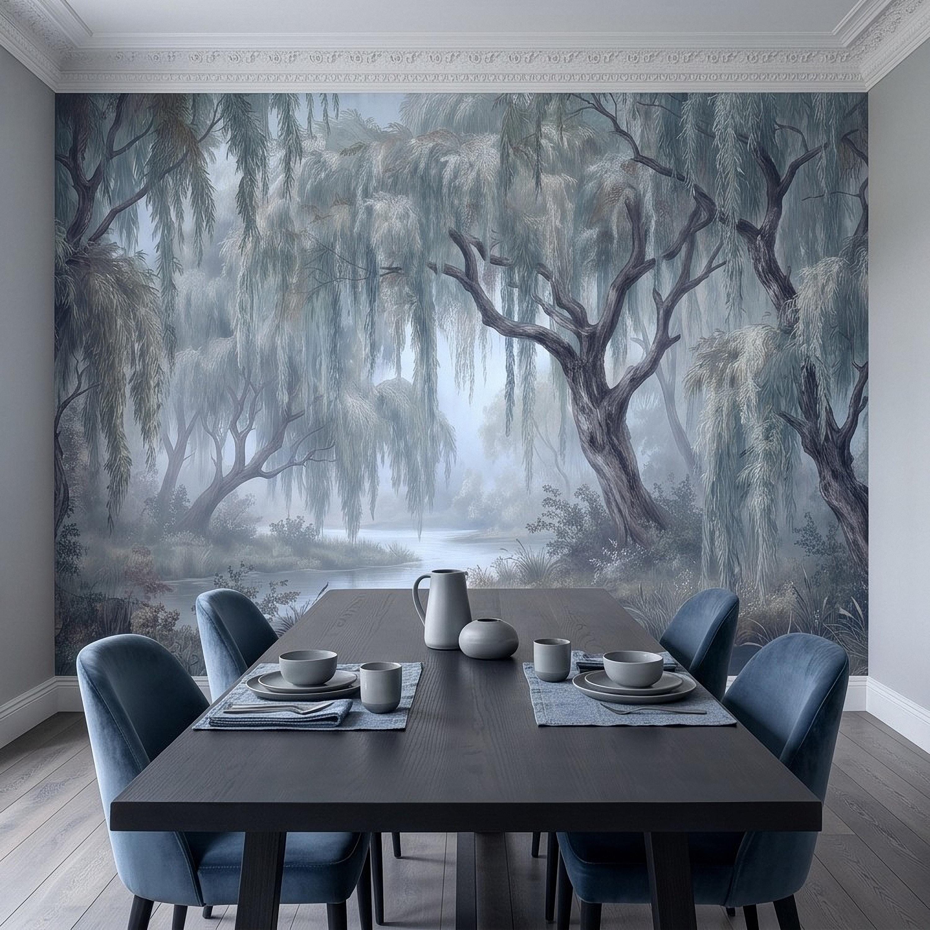 Weeping Willow Peel and Stick Wall Mural, Misty Blue Forest Lake Landscape Vintage Botanical Trees Serene Romantic Scenic Painting Wallpaper