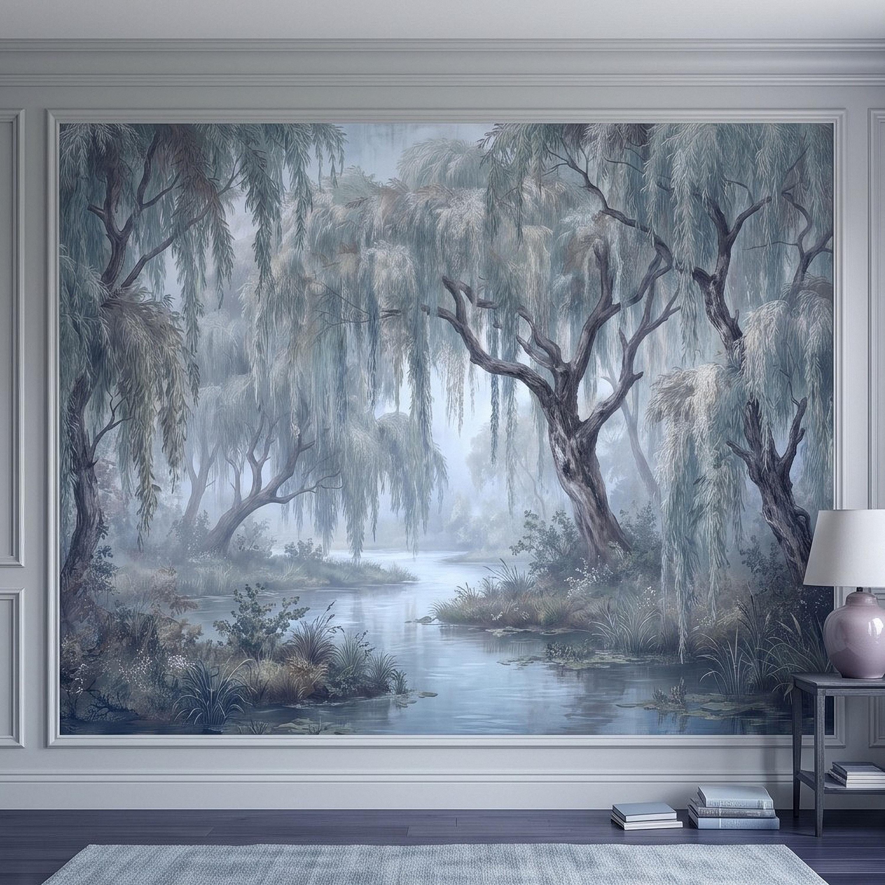 Weeping Willow Peel and Stick Wall Mural, Misty Blue Forest Lake Landscape Vintage Botanical Trees Serene Romantic Scenic Painting Wallpaper