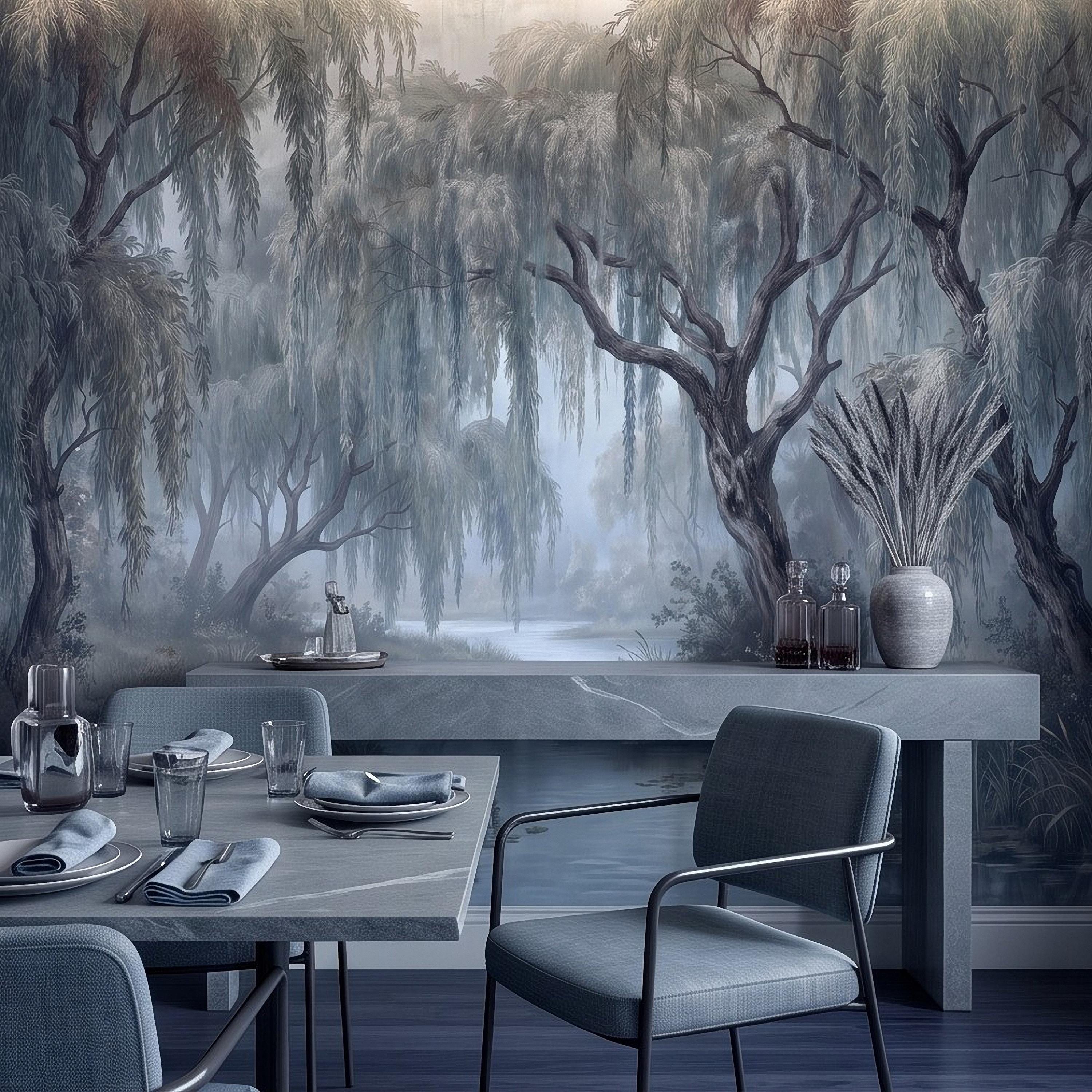 Weeping Willow Peel and Stick Wall Mural, Misty Blue Forest Lake Landscape Vintage Botanical Trees Serene Romantic Scenic Painting Wallpaper