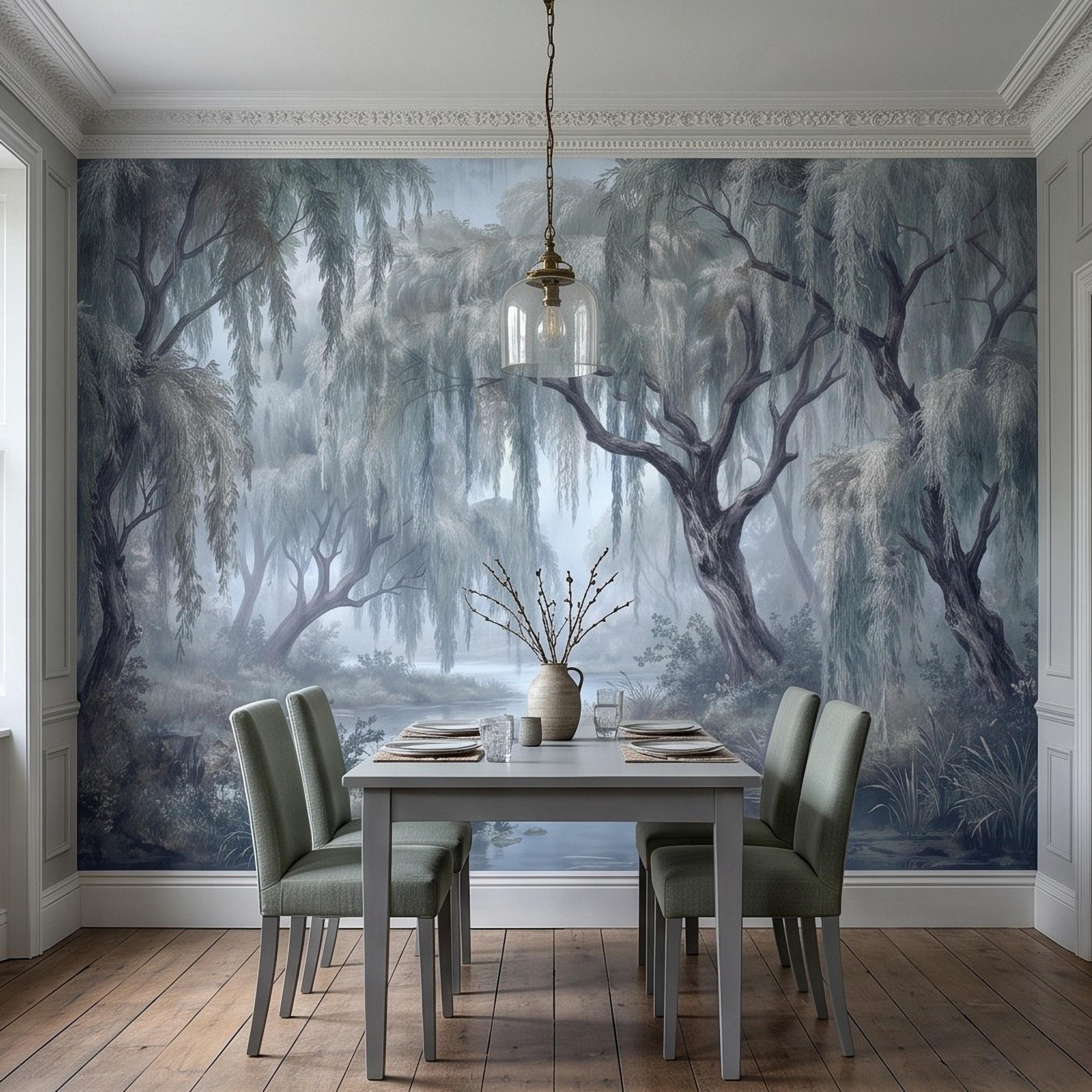 Weeping Willow Peel and Stick Wall Mural, Misty Blue Forest Lake Landscape Vintage Botanical Trees Serene Romantic Scenic Painting Wallpaper