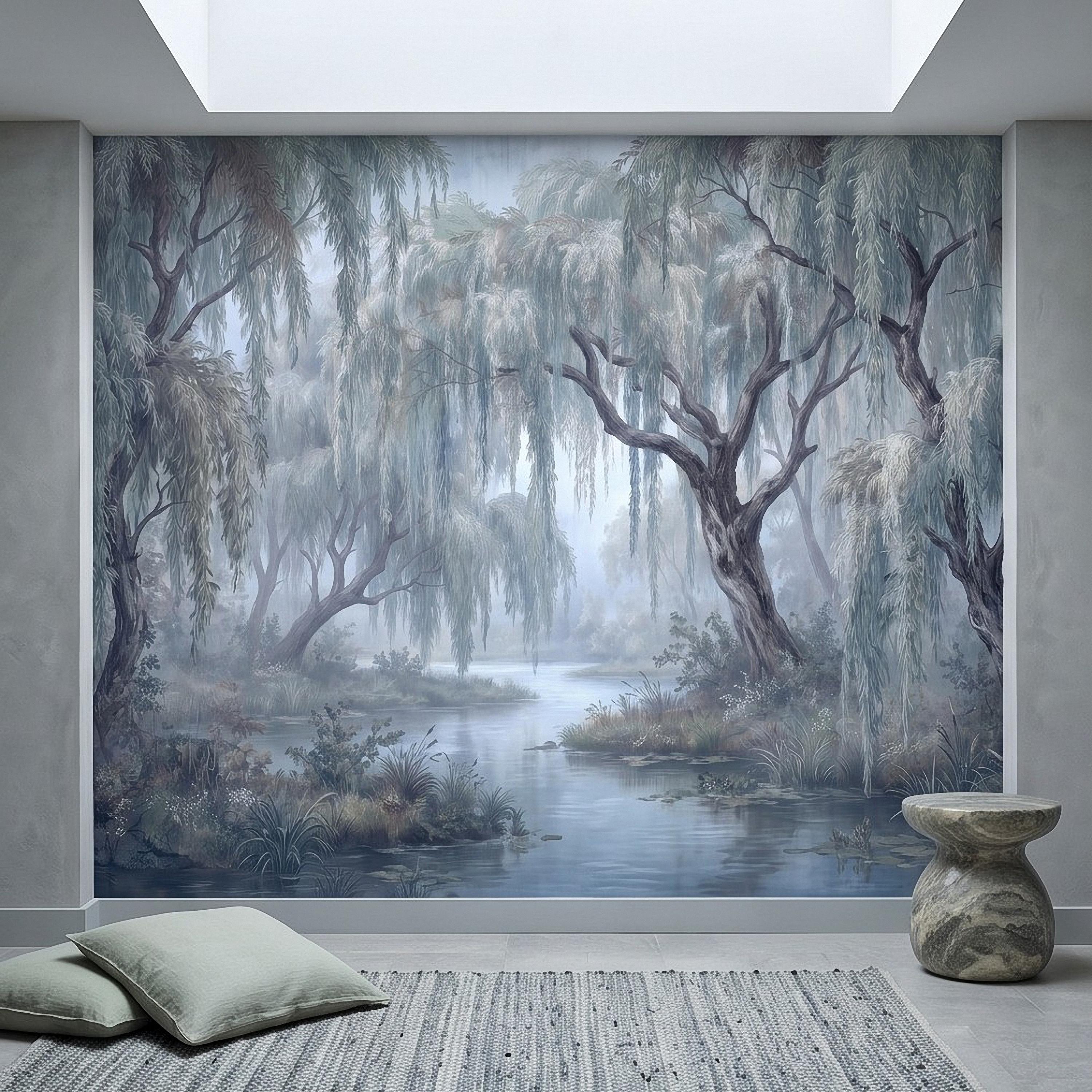 Weeping Willow Peel and Stick Wall Mural, Misty Blue Forest Lake Landscape Vintage Botanical Trees Serene Romantic Scenic Painting Wallpaper