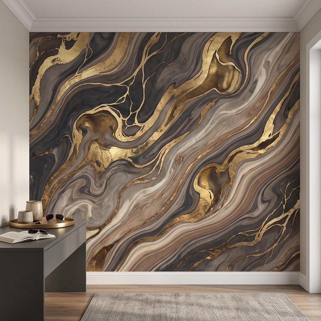 Abstract Fluid Stone Peel and Stick Wall Mural, Black Taupe Gold Organic Mineral Texture Luxury Wallpaper