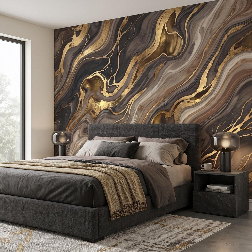 Abstract Fluid Stone Peel and Stick Wall Mural, Black Taupe Gold Organic Mineral Texture Luxury Wallpaper