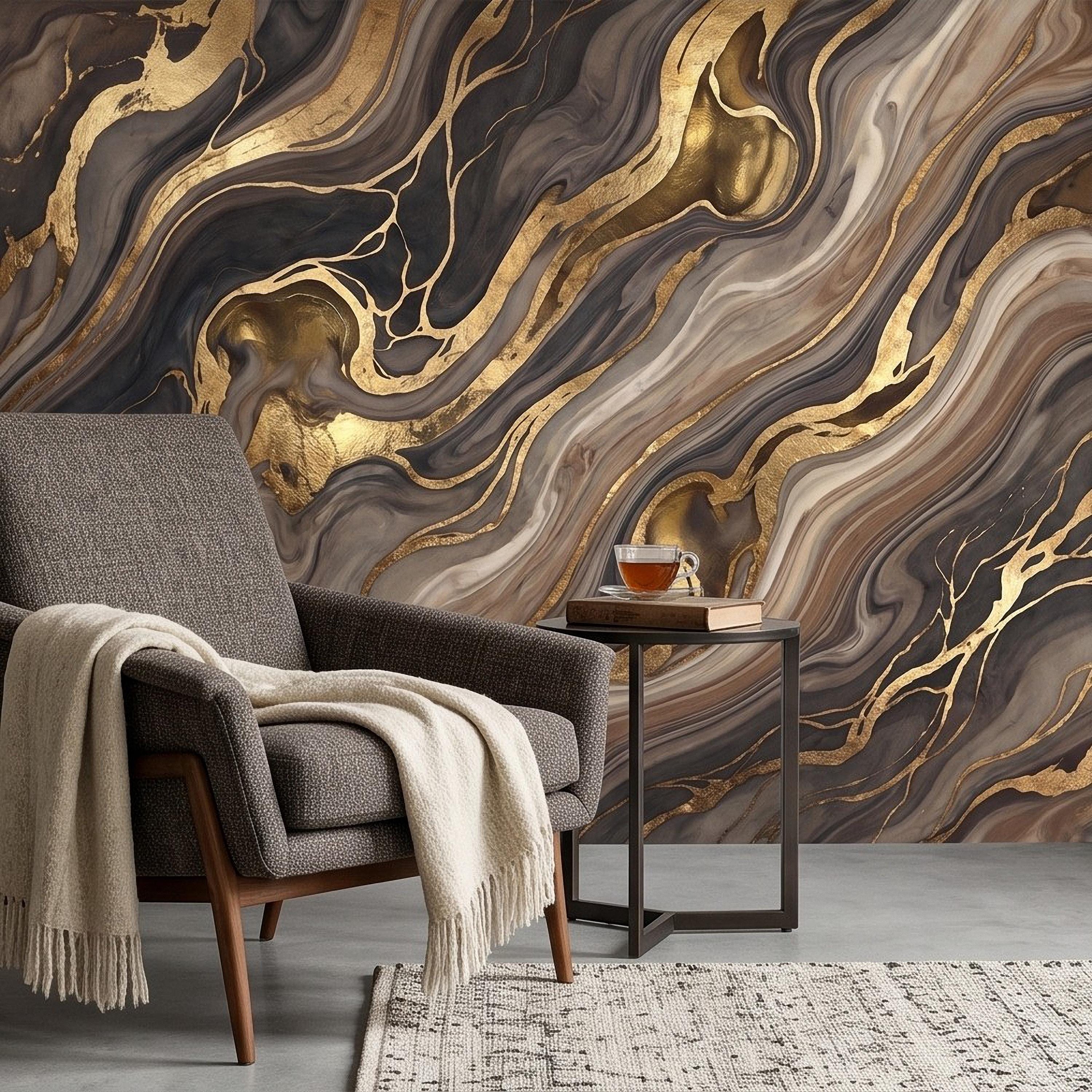 Abstract Fluid Stone Peel and Stick Wall Mural, Black Taupe Gold Organic Mineral Texture Luxury Wallpaper