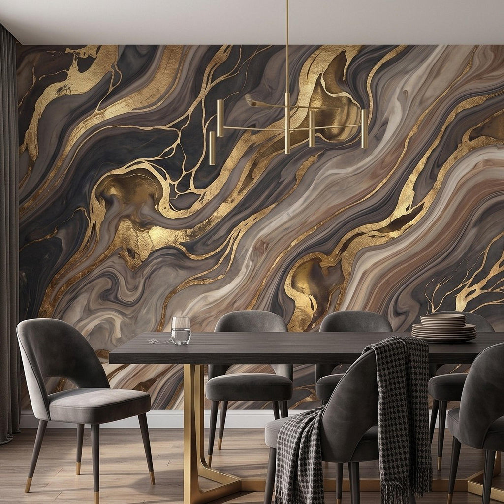 Abstract Fluid Stone Peel and Stick Wall Mural, Black Taupe Gold Organic Mineral Texture Luxury Wallpaper