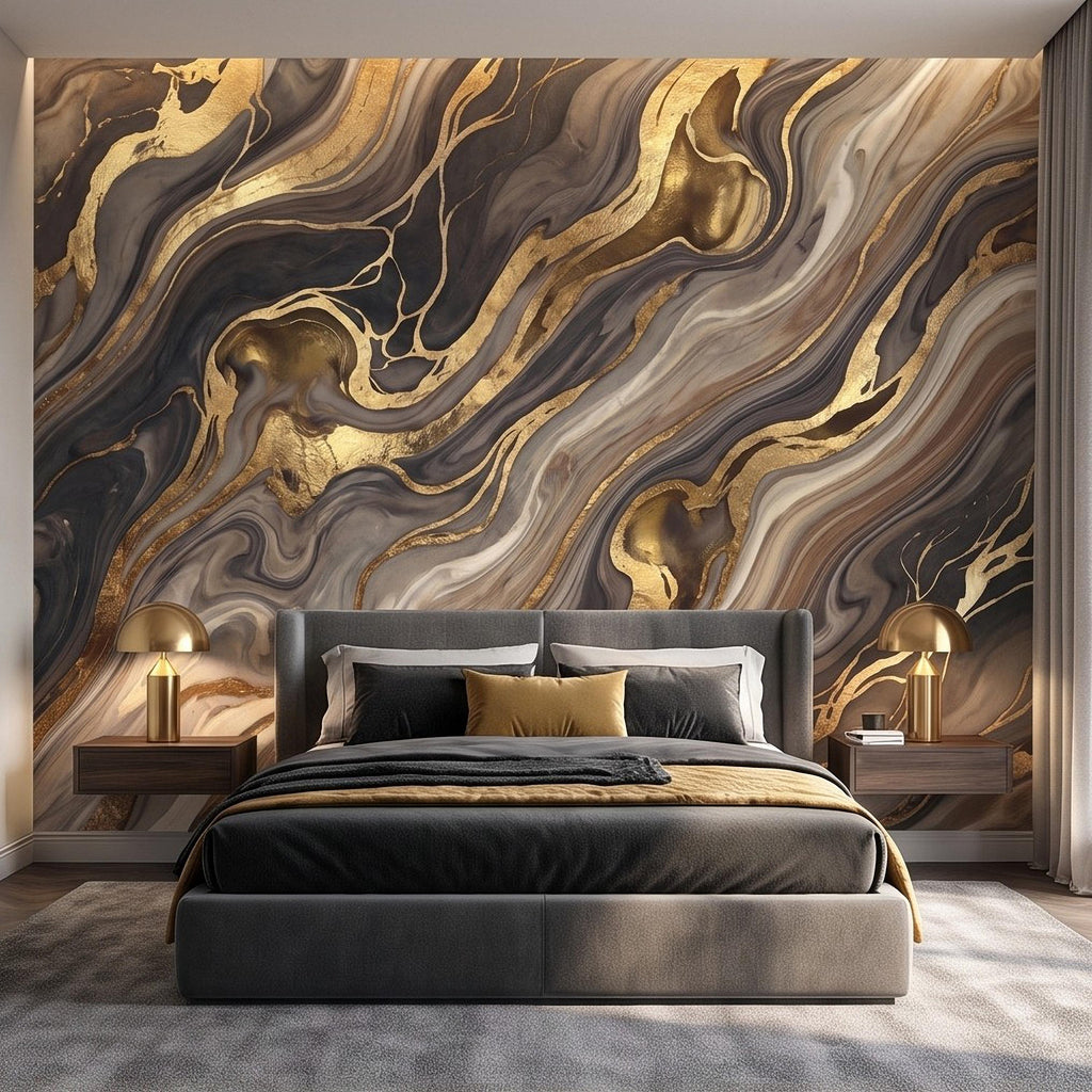 Abstract Fluid Stone Peel and Stick Wall Mural, Black Taupe Gold Organic Mineral Texture Luxury Wallpaper