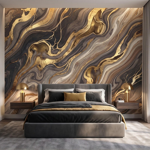 Abstract marble stone wall mural with gold veins and dark charcoal taupe swirls