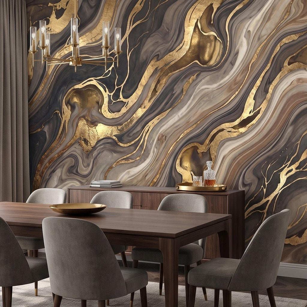 Abstract Fluid Stone Peel and Stick Wall Mural, Black Taupe Gold Organic Mineral Texture Luxury Wallpaper