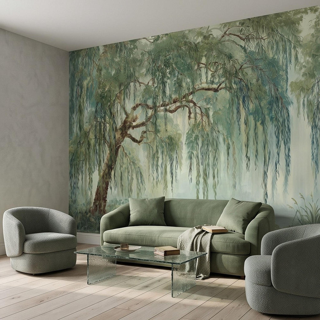 Weeping Willow Peel and Stick Wall Mural, Sage Green Misty Lake Landscape Serene Botanical Tree Vintage Romantic Nature Painting Wallpaper