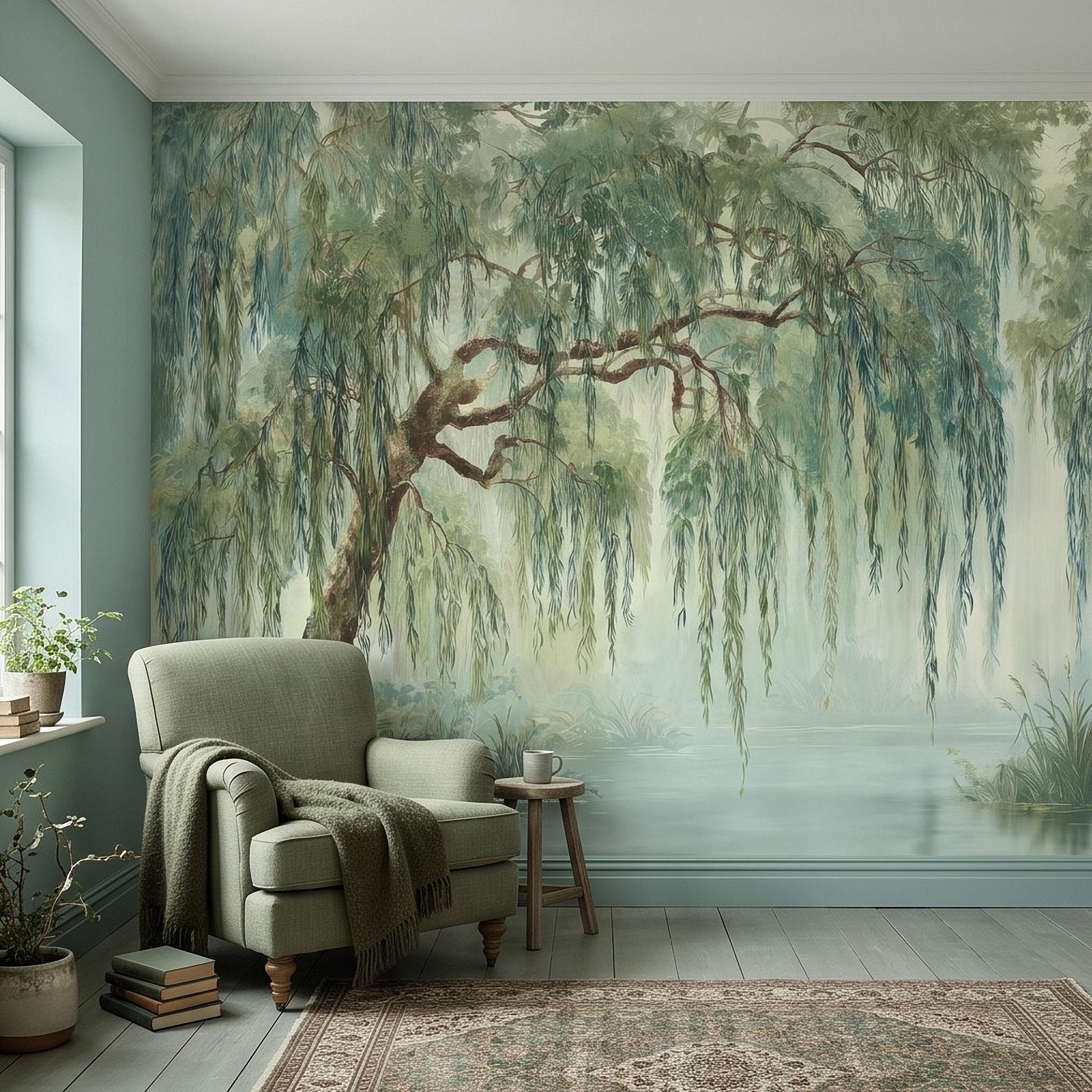 Weeping Willow Peel and Stick Wall Mural, Sage Green Misty Lake Landscape Serene Botanical Tree Vintage Romantic Nature Painting Wallpaper
