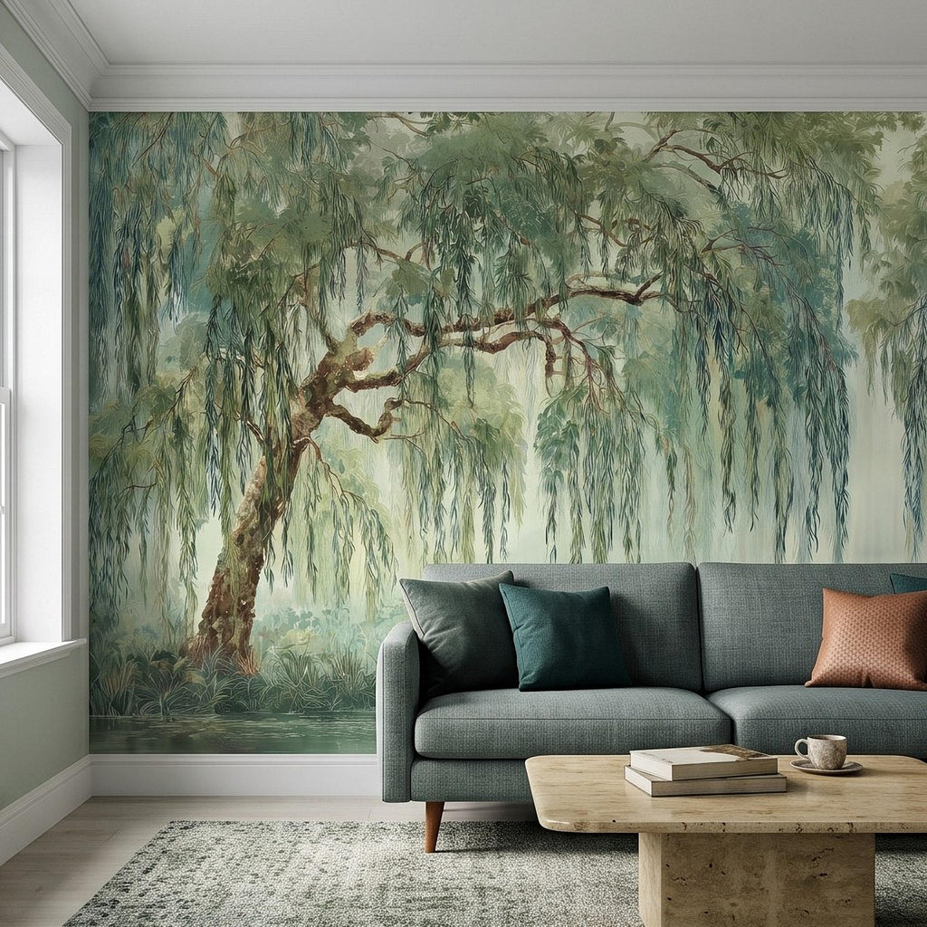 Weeping Willow Peel and Stick Wall Mural, Sage Green Misty Lake Landscape Serene Botanical Tree Vintage Romantic Nature Painting Wallpaper