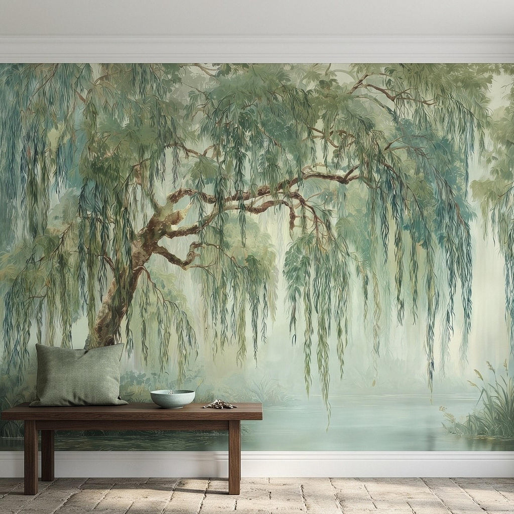 Weeping Willow Peel and Stick Wall Mural, Sage Green Misty Lake Landscape Serene Botanical Tree Vintage Romantic Nature Painting Wallpaper