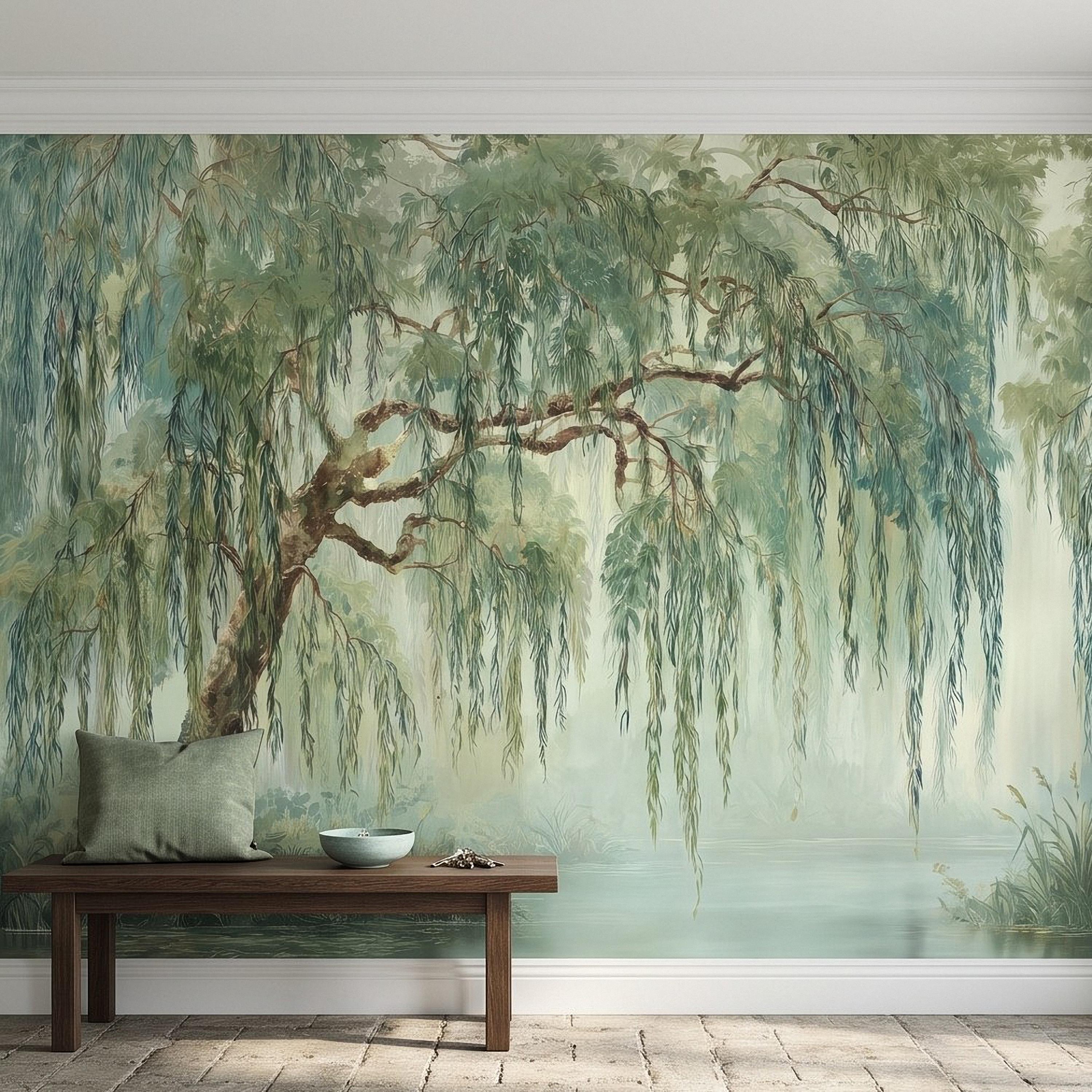 Weeping Willow Peel and Stick Wall Mural, Sage Green Misty Lake Landscape Serene Botanical Tree Vintage Romantic Nature Painting Wallpaper