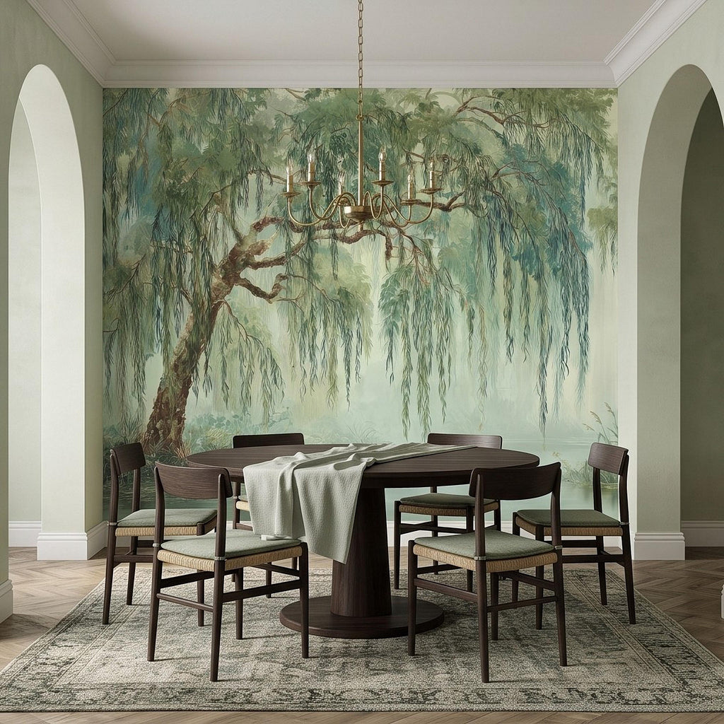 Weeping Willow Peel and Stick Wall Mural, Sage Green Misty Lake Landscape Serene Botanical Tree Vintage Romantic Nature Painting Wallpaper