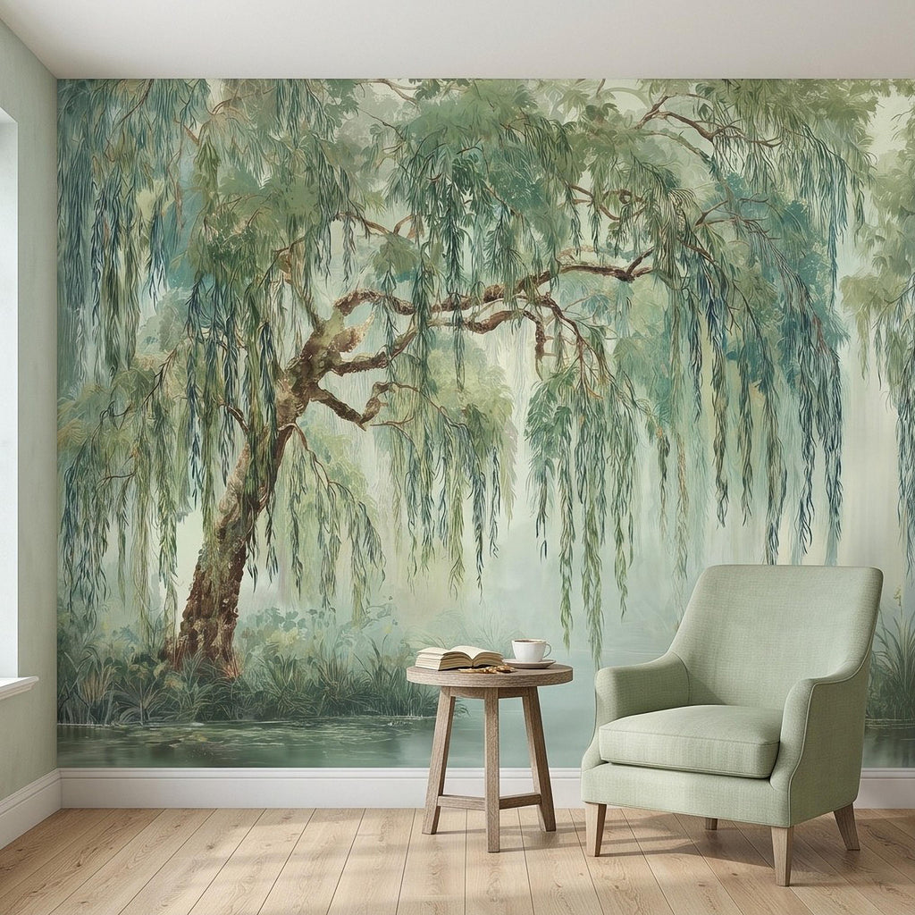 Weeping Willow Peel and Stick Wall Mural, Sage Green Misty Lake Landscape Serene Botanical Tree Vintage Romantic Nature Painting Wallpaper