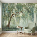 Weeping Willow Peel and Stick Wall Mural, Sage Green Misty Lake Landscape Serene Botanical Tree Vintage Romantic Nature Painting Wallpaper