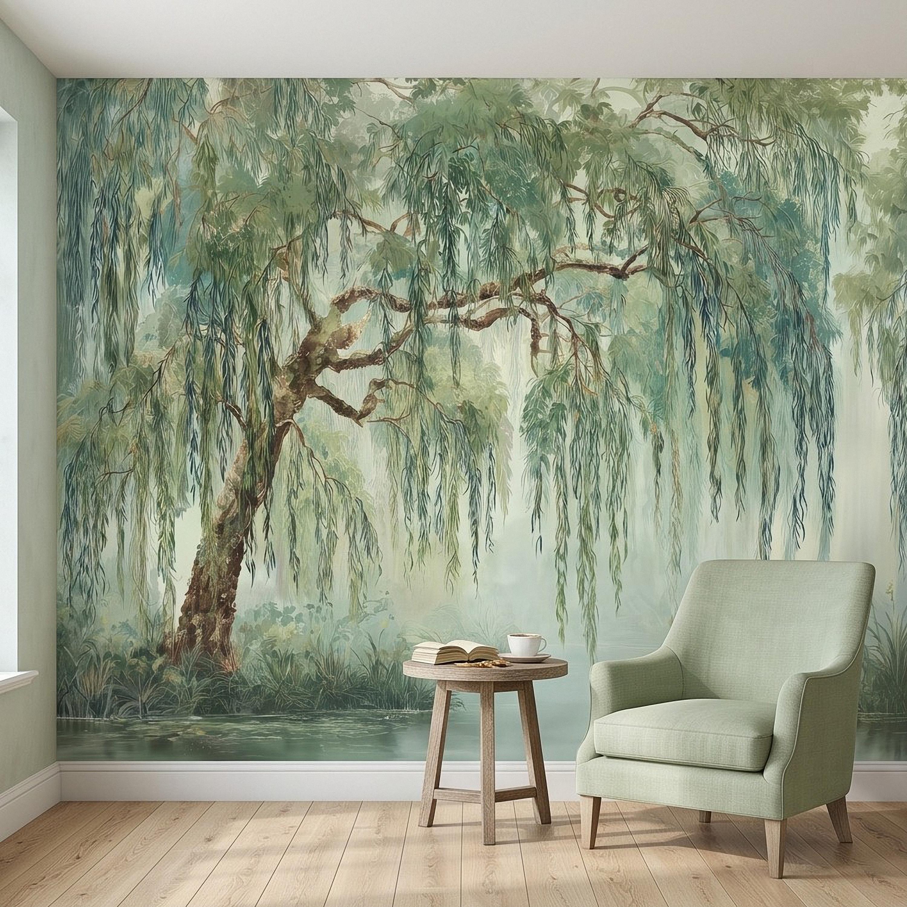 Weeping Willow Peel and Stick Wall Mural, Sage Green Misty Lake Landscape Serene Botanical Tree Vintage Romantic Nature Painting Wallpaper
