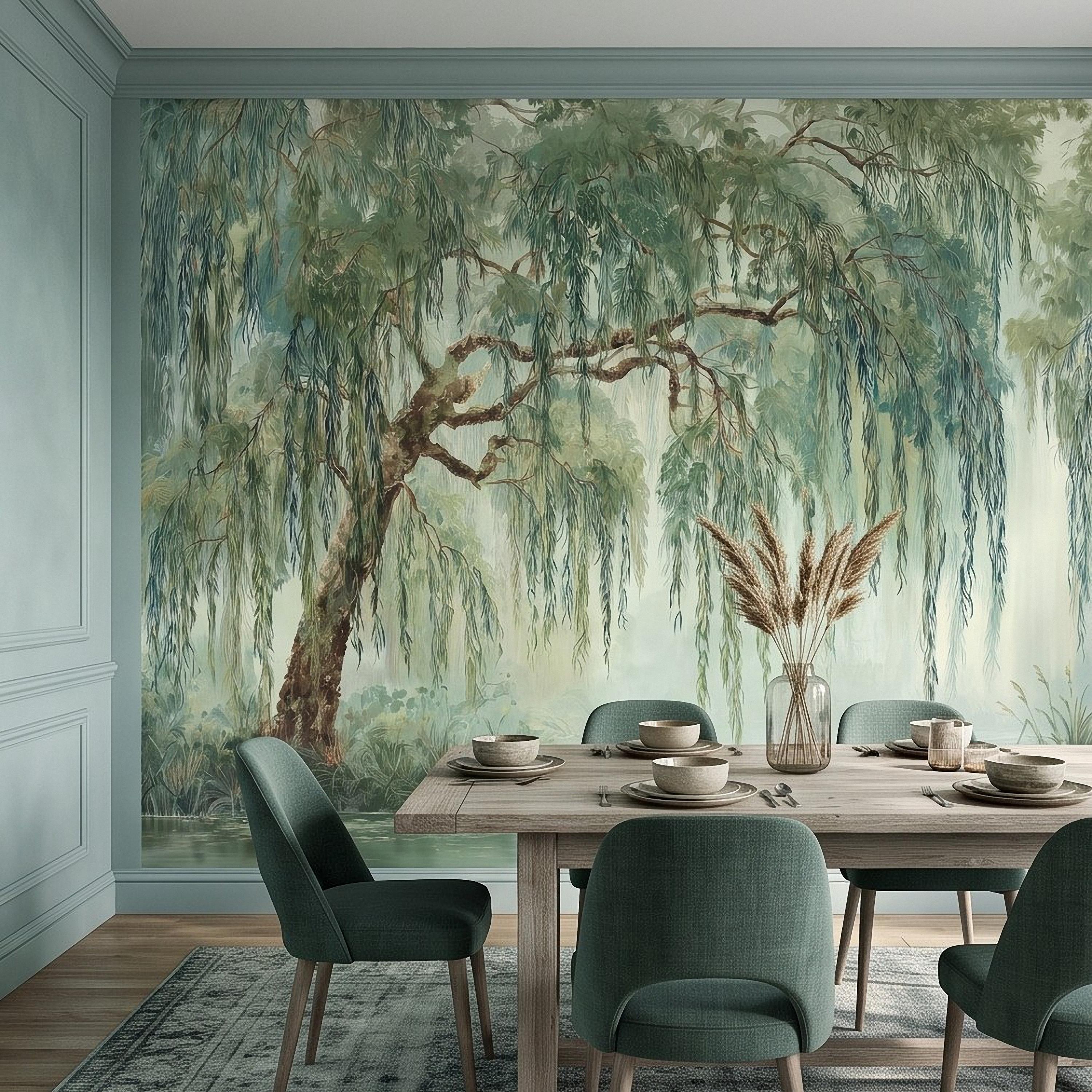 Weeping Willow Peel and Stick Wall Mural, Sage Green Misty Lake Landscape Serene Botanical Tree Vintage Romantic Nature Painting Wallpaper