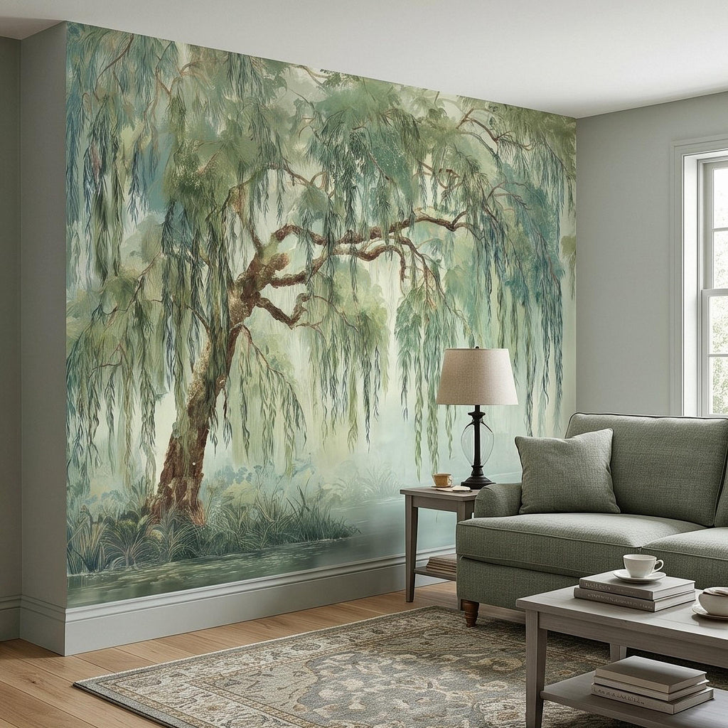 Weeping Willow Peel and Stick Wall Mural, Sage Green Misty Lake Landscape Serene Botanical Tree Vintage Romantic Nature Painting Wallpaper
