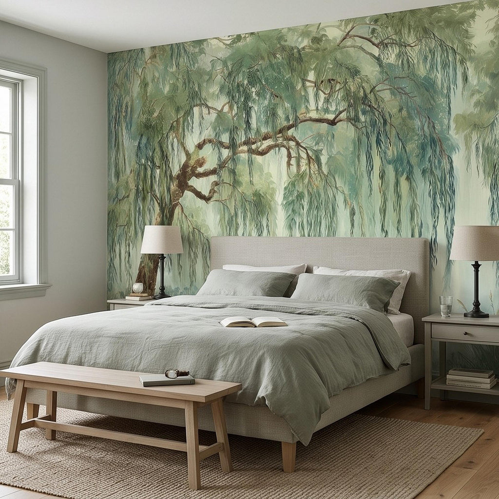 Weeping Willow Peel and Stick Wall Mural, Sage Green Misty Lake Landscape Serene Botanical Tree Vintage Romantic Nature Painting Wallpaper