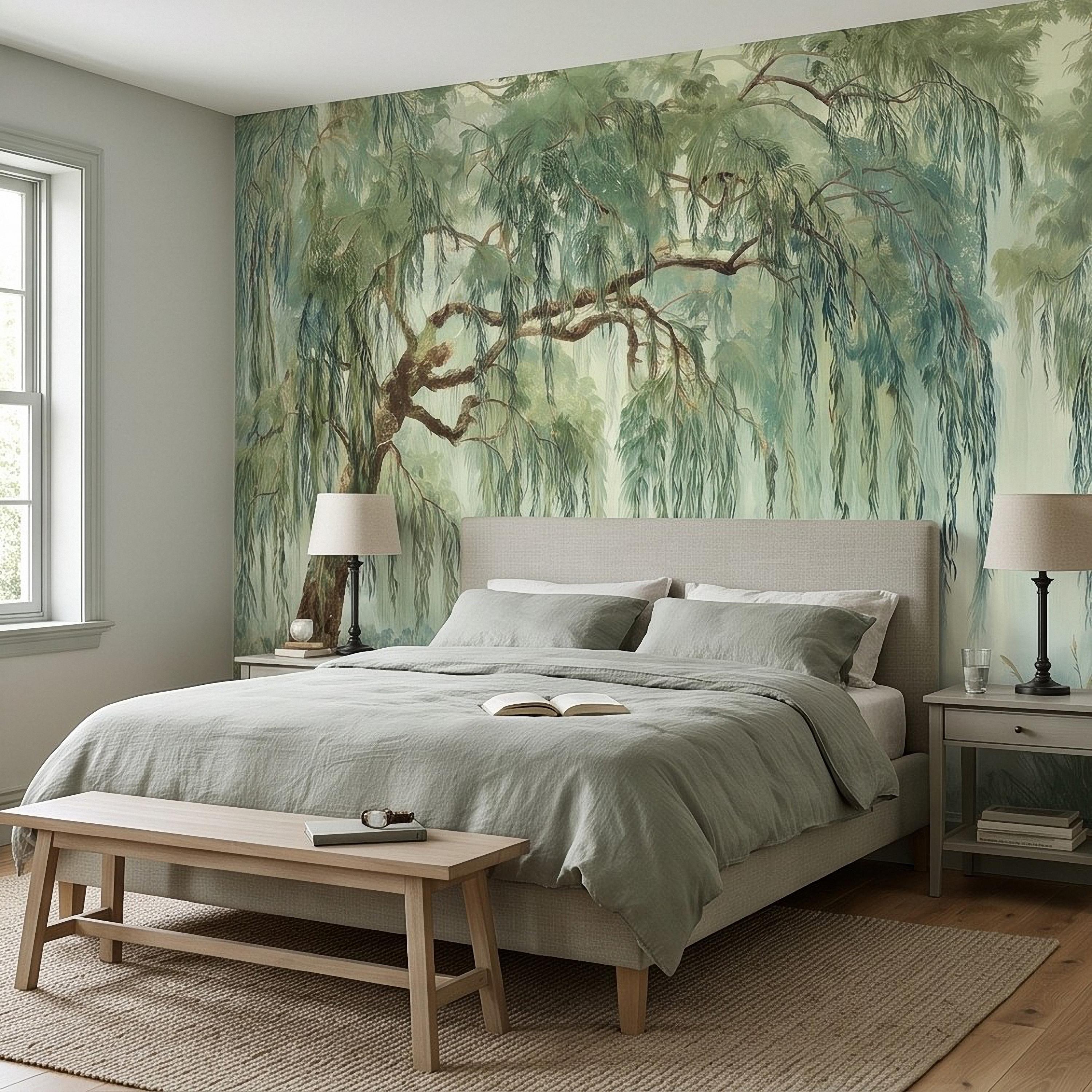Weeping Willow Peel and Stick Wall Mural, Sage Green Misty Lake Landscape Serene Botanical Tree Vintage Romantic Nature Painting Wallpaper