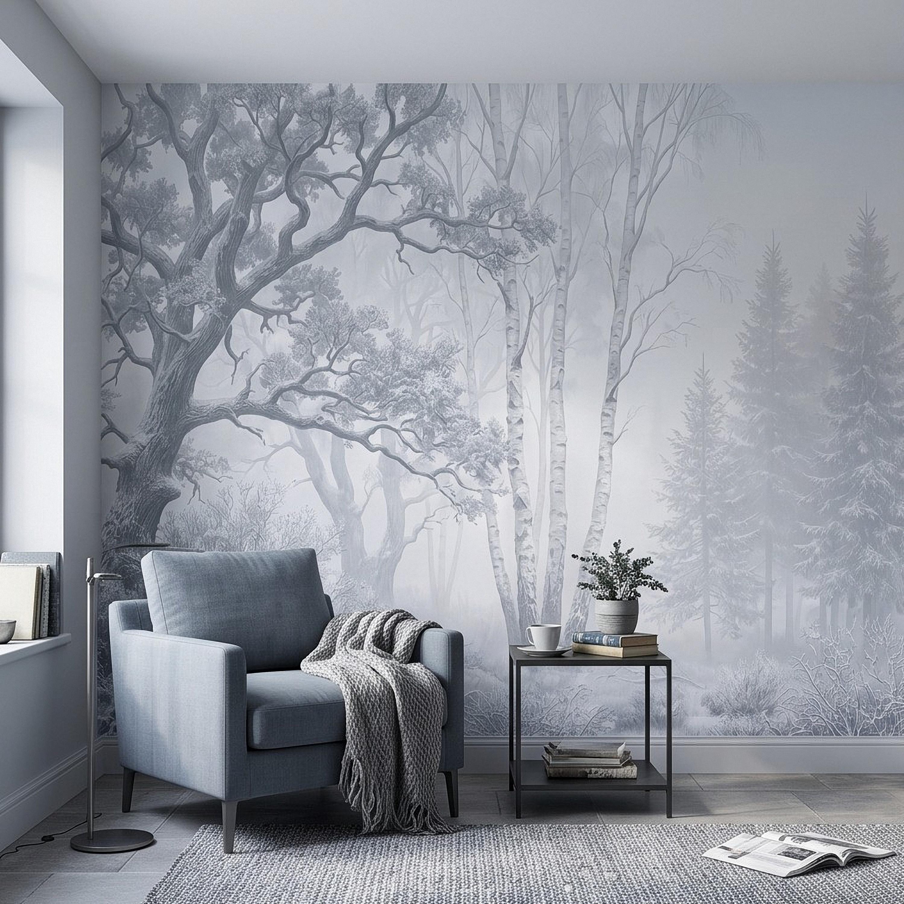 Winter Forest Peel and Stick Wall Mural, Snow Covered Birch Trees Misty Woodland Frosted Landscape Wallpaper