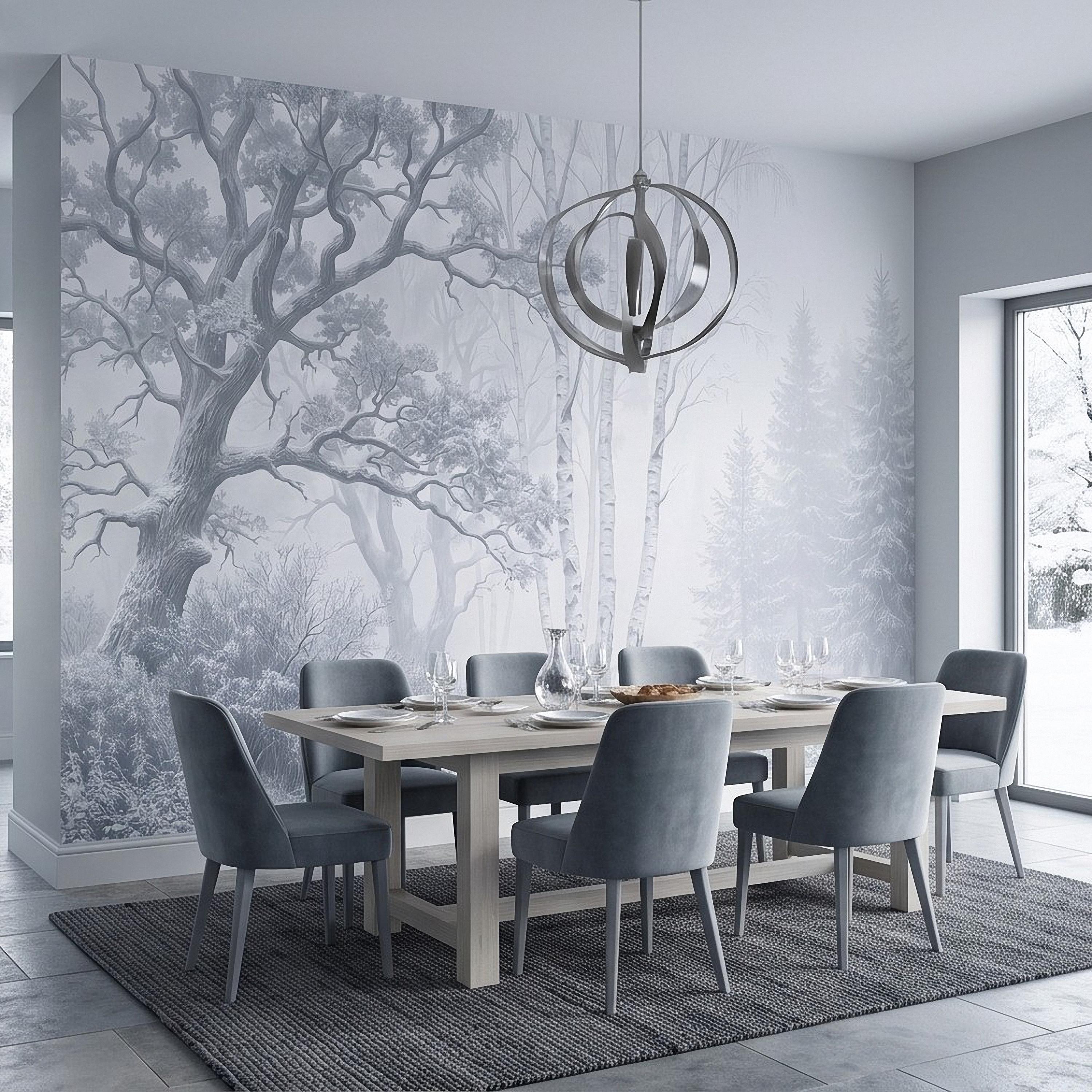 Winter Forest Peel and Stick Wall Mural, Snow Covered Birch Trees Misty Woodland Frosted Landscape Wallpaper