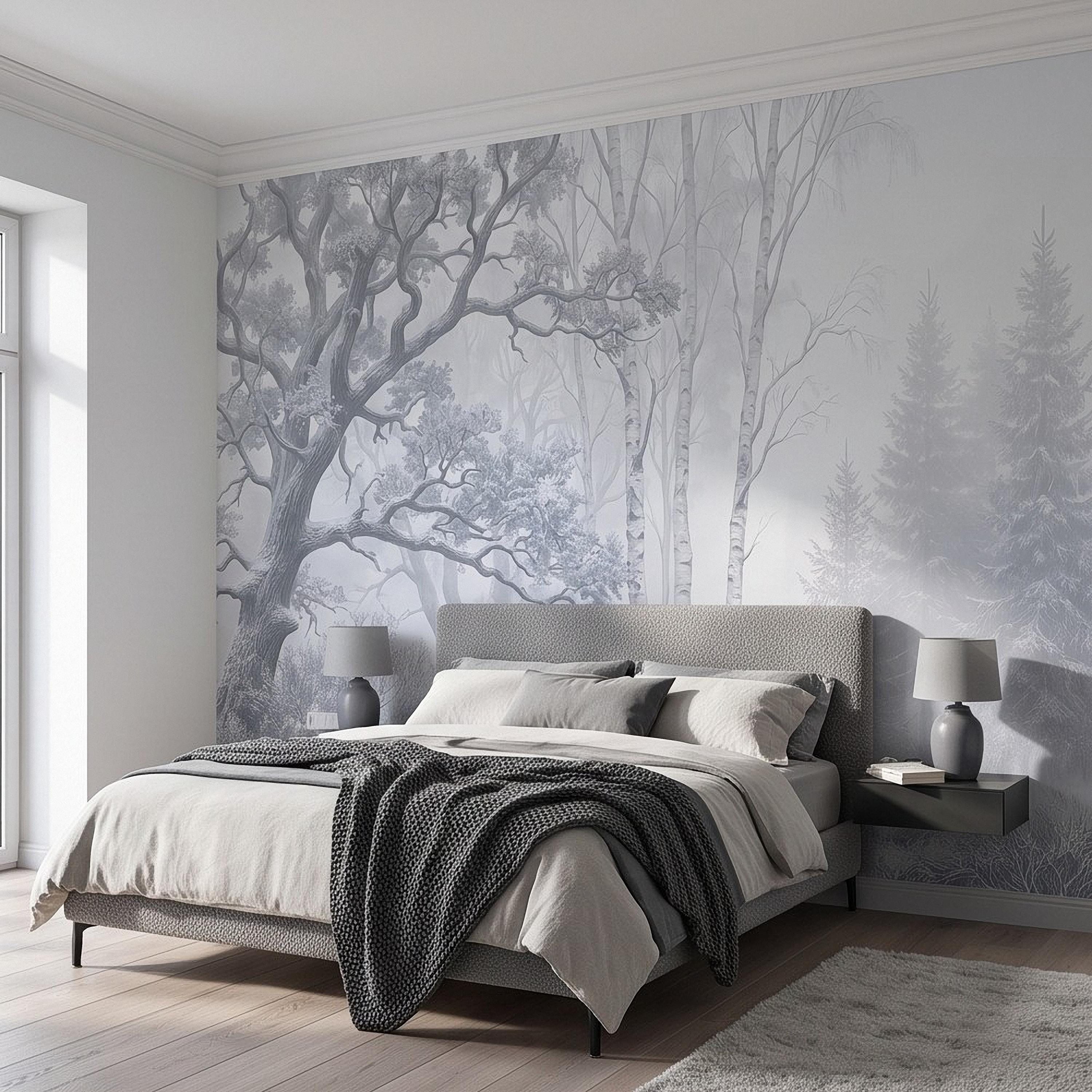 Winter Forest Peel and Stick Wall Mural, Snow Covered Birch Trees Misty Woodland Frosted Landscape Wallpaper