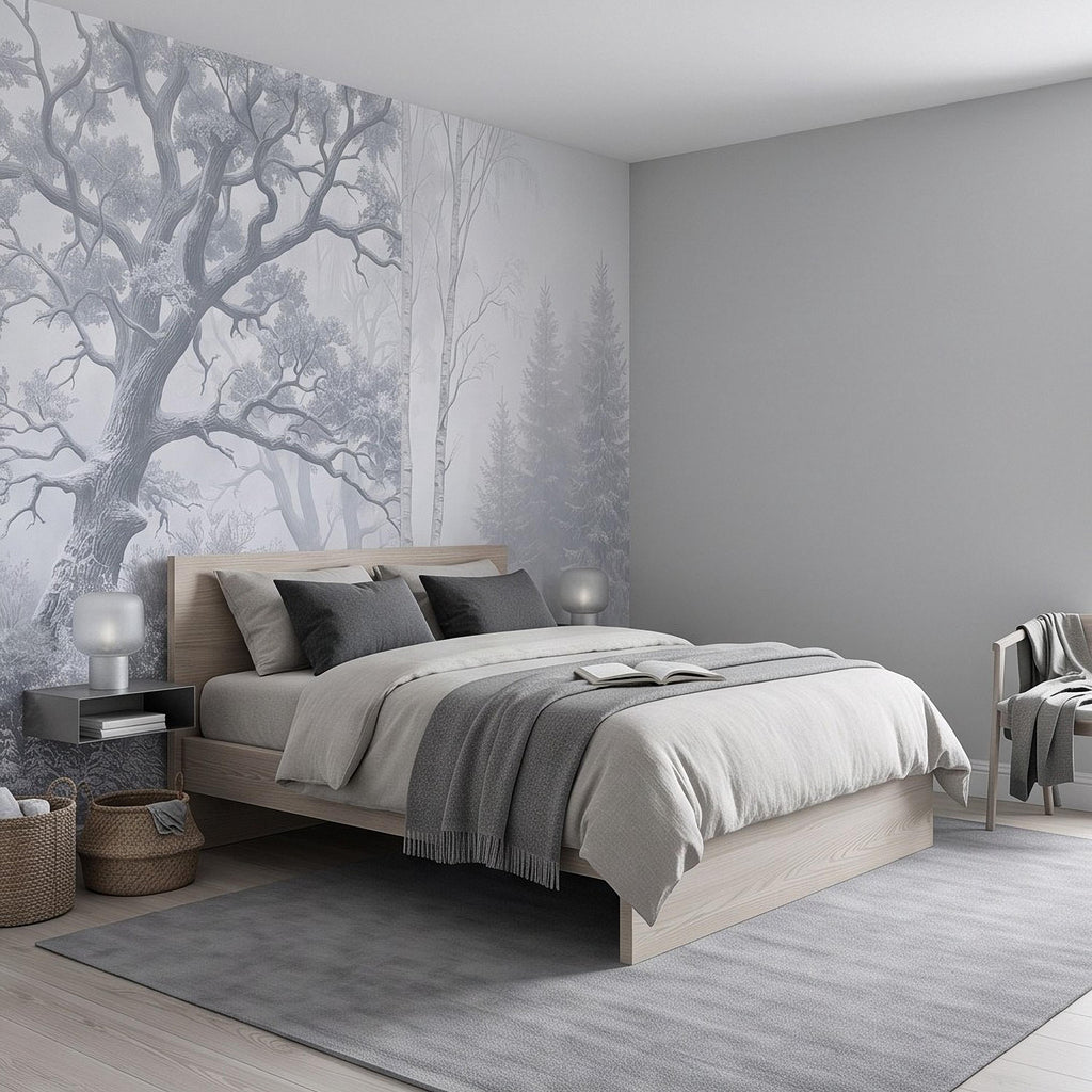 Winter Forest Peel and Stick Wall Mural, Snow Covered Birch Trees Misty Woodland Frosted Landscape Wallpaper